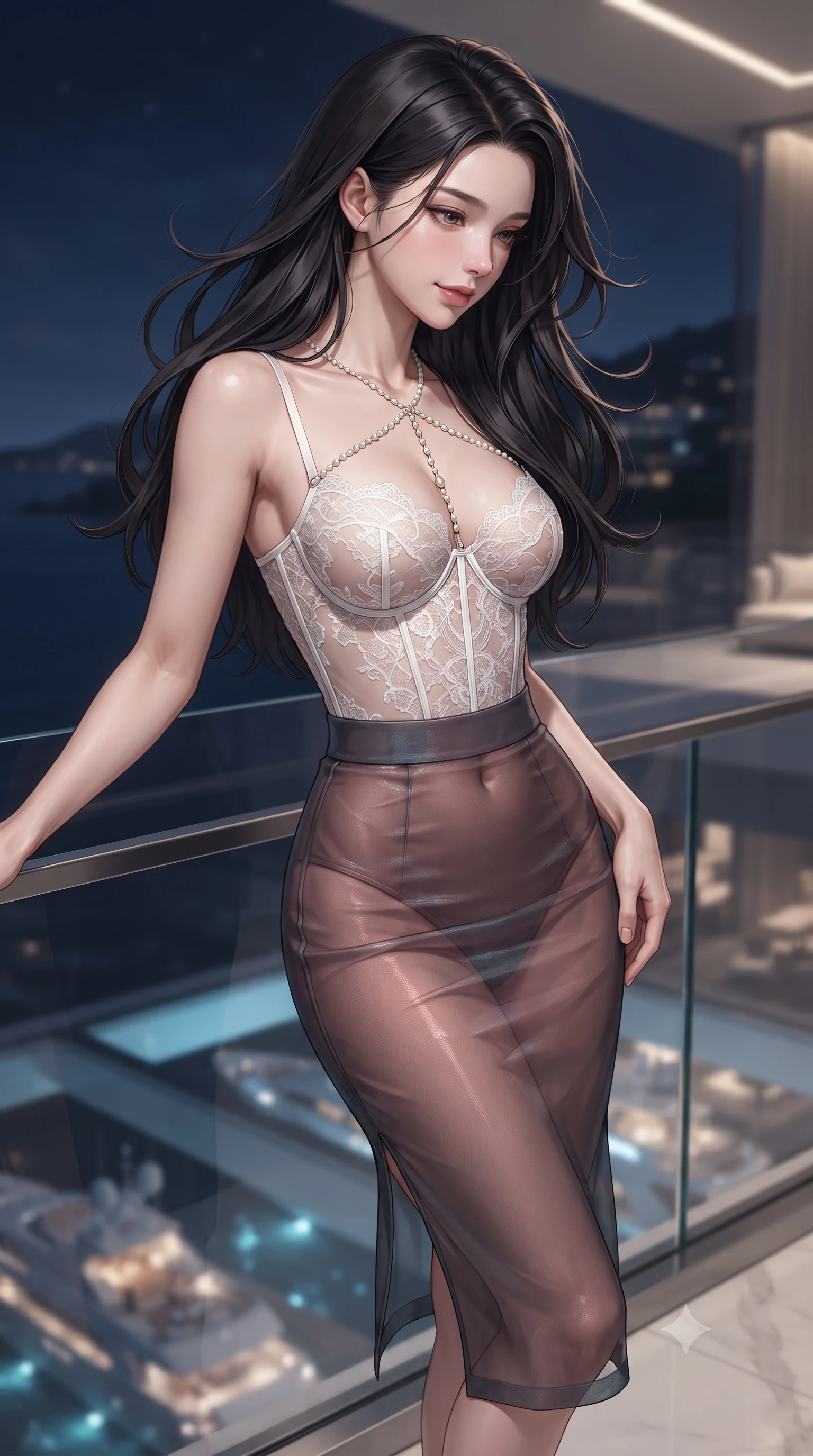 score_9, masterpiece, best quality, ultra-detailed, high-budget anime keyframe, editorial fashion photography, tasteful artistic composition, Korean woman. close-up cowboy shot from the waist and thighs up, the character dominates the composition, filling the frame with her large presence. turning slowly with an enchanting smoldering smile, her glossy hair tossing in the breeze as her hips angle gracefully in a captivating contrapposto while leaning against the seamless glass enclosure with hips cocked back, looking through transparent floor panels at illuminated yacht lights with bedroom-eyes. The background shows a soft-focus interior elevator cove LEDs softened in ultra-futuristic coastal estate shallow focus. She has an exceptionally elegant, slender, and willowy female figure with an ultra-slim waist, flat toned midriff, narrow ribcage, and sculpted feminine hips creating an alluring, slim hourglass silhouette without bulk. sharp v-shaped jawline, high-bridge nose, intricate jewel-like sparkling eyes with depth, thick eyelashes, glossy parted lips with a natural peach sheen, bright cheerful beaming smile with an enchanting and coquettish sensual glint, exuding both youthful cute charm and seductive allure, flawlessly proportioned anatomical accuracy, strict slender model proportions, natural body alignment, perfectly sculpted long slender limbs, ultra-slim waistline, clean dynamic posture without body distortion. wearing a sculpted underwire corset in sheer frost-white Chantilly lace paired with a high-waisted sheer mesh pencil skirt with back slit in sultry copper rose and deep shadow charcoal, crafted from translucent silk organza with an ethereal crystalline sheen, accented with a pearl-drop body harness subtly framing her dewy collarbones and spine, the glove-like clinging cut tightly following the natural contour of her hips and long slender legs with youthful 8.5-heads elegance. illuminated by glass reflection fill and sharp platinum-gold rim lights sculpting her jawline, narrow waist, and curvy hips. ultra-reflective glossy finish, specular highlights, rich textural contrasts, high-contrast stereoscopic depth, volumetric dynamic lighting, 2k, ultra detail, master piece, 9:16 ratio