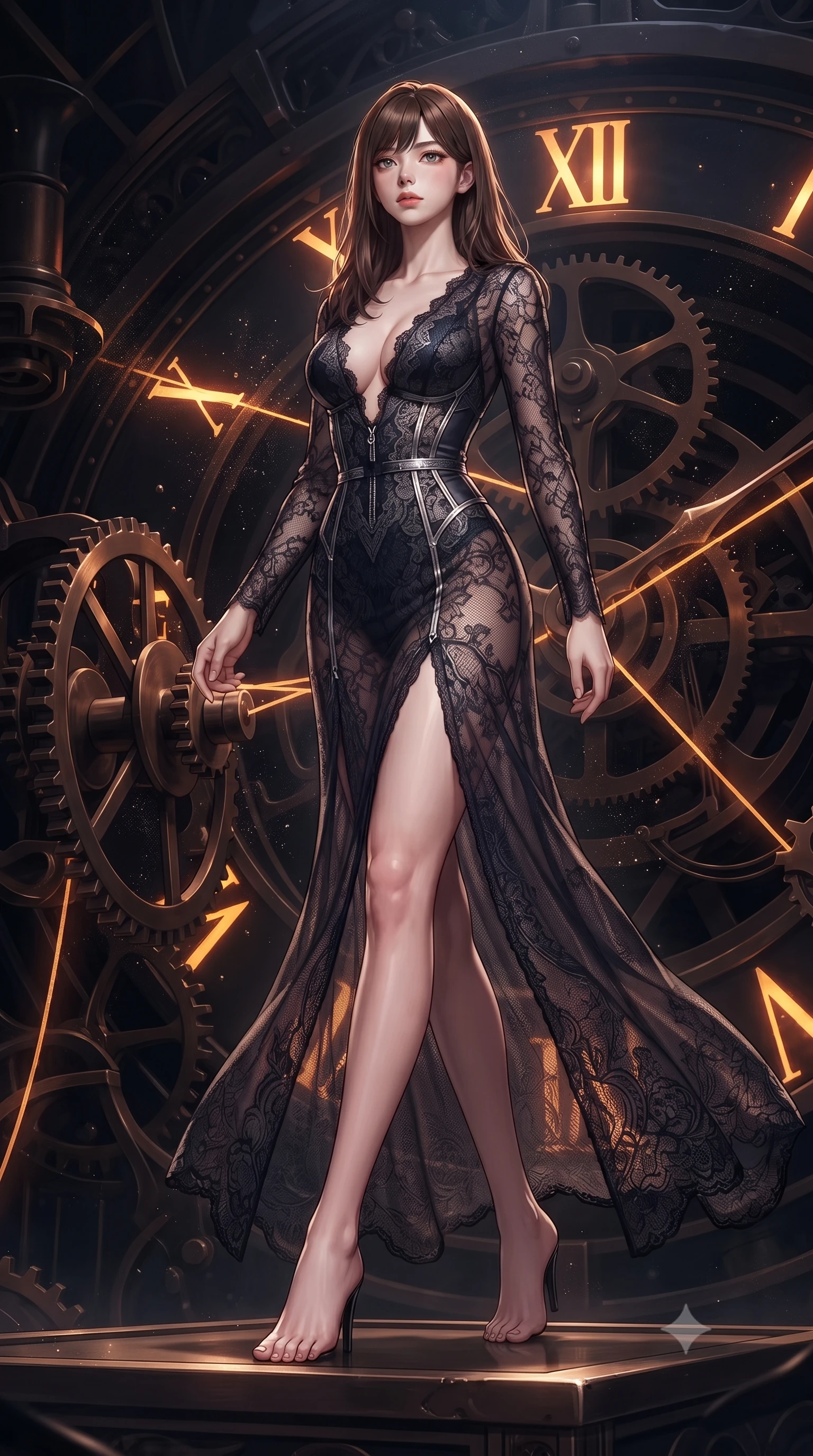 score_9, masterpiece, best quality, ultra-detailed, high-budget anime keyframe, editorial fashion photography, tasteful artistic composition, Korean woman. low angle full-body shot from head to toe showing her feet, filling the entire 9:16 vertical frame with her statuesque presence, stretching her vertical silhouette. navigating the midnight sanctuary with an effortless, graceful stride, threading glowing amber clock wires through dark bronze mechanical sprockets, fine metallic dust glittering around dark mechanical clockwork. She has an absolutely perfect, statuesque 8.5-heads proportion, an exceptionally tall and slender model-like female figure with impossibly long slender legs and an ultra-slim waist. sharp v-shaped jawline, high-bridge nose, intricate jewel-like eyes with depth, thick eyelashes, glossy lips with a natural sheen. wearing gothic nebula sheer dark lace gown with plunging neckline in obsidian black, made of fine dark contouring mesh, finished with metallic silver boning and sleek zipper points, following her slender form with tailored precision. illuminated by glowing amber Roman numerals and dramatic lightning rim light. highly saturated vibrant anime colors, detailed shading with soft gradients, rich glossy textures, high-contrast stereoscopic depth, volumetric dynamic lighting, master piece, 9:16 ratio
