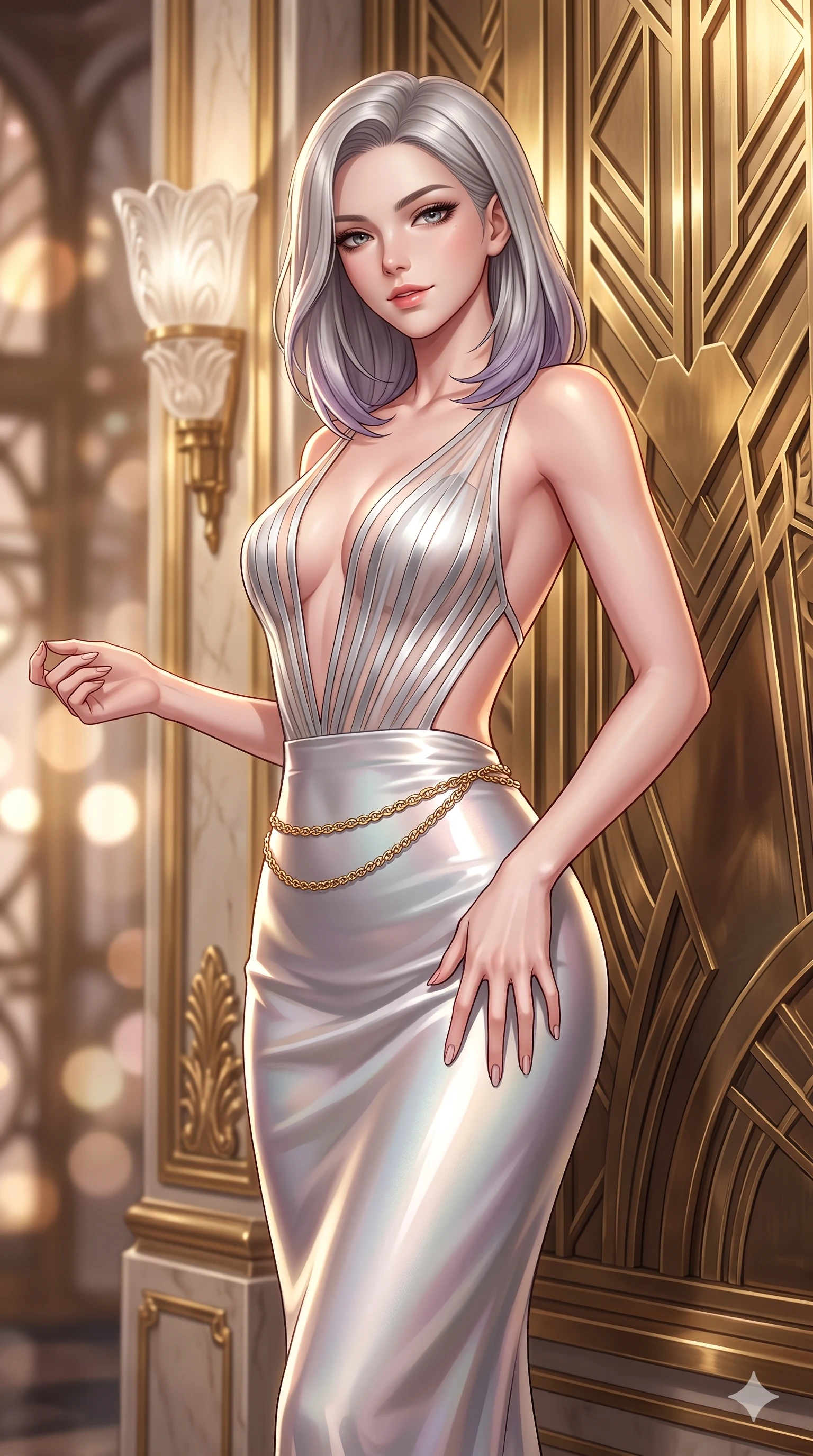 score_9, masterpiece, best quality, ultra-detailed, high-budget anime keyframe, semi-realistic 3D game render, editorial fashion photography, tasteful artistic composition, Caucasian woman. close-up cowboy shot from the waist and thighs up, the character dominates the composition, filling the frame with her large presence. tilting her head with a teasing half-smile, running one hand slowly down the side of her hip in a flirtatious S-curve as ambient light caresses her silhouette while standing in a tall, confident posture beside a monumental brass art deco relief, stretching her statuesque body as she arches her lower back to emphasize her sculpted feminine hips and slender waist. The background shows a soft-focus towering geometric brass art deco murals, sculpted frosted Lalique glass fixtures, and antique gilded pilasters blurred into champagne, bronze, and cream bokeh. She has an exceptionally elegant, slender, and willowy female figure with an ultra-slim waist, flat toned midriff, narrow ribcage, and sculpted feminine hips creating an alluring, slim hourglass silhouette without bulk. sharp v-shaped jawline, high-bridge nose, intricate jewel-like sparkling eyes with depth, thick eyelashes, glossy parted lips with a natural sheen, intensely captivating and seductive bedroom-eyes expression, exuding both youthful cute charm and sovereign luxury allure, flawlessly proportioned anatomical accuracy, strict slender model proportions, natural body alignment, perfectly sculpted long slender limbs, ultra-slim waistline, clean dynamic posture without body distortion. wearing a plunge-front sheer illusion tulle slip dress with liquid platinum ribbon stripes hugging her curves in shimmering silver mercury and pearl white, tailored from smooth liquid silk satin that clings smoothly to her narrow waist and rounded hips with a dewy sheen, accented with a delicate gold chain belt resting loosely on her curvy hips, the precision-cut side openings and low-back scoop framing her graceful spine and the sensual sweep of her slim, toned hips. bathed in the majestic, warm 2600K amber glow of geometric Lalique glass fixtures filtering through brass lattices. highly saturated vibrant anime colors, detailed shading with soft gradients, rich glossy textures, high-contrast stereoscopic depth, volumetric dynamic lighting, master piece, 9:16 ratio