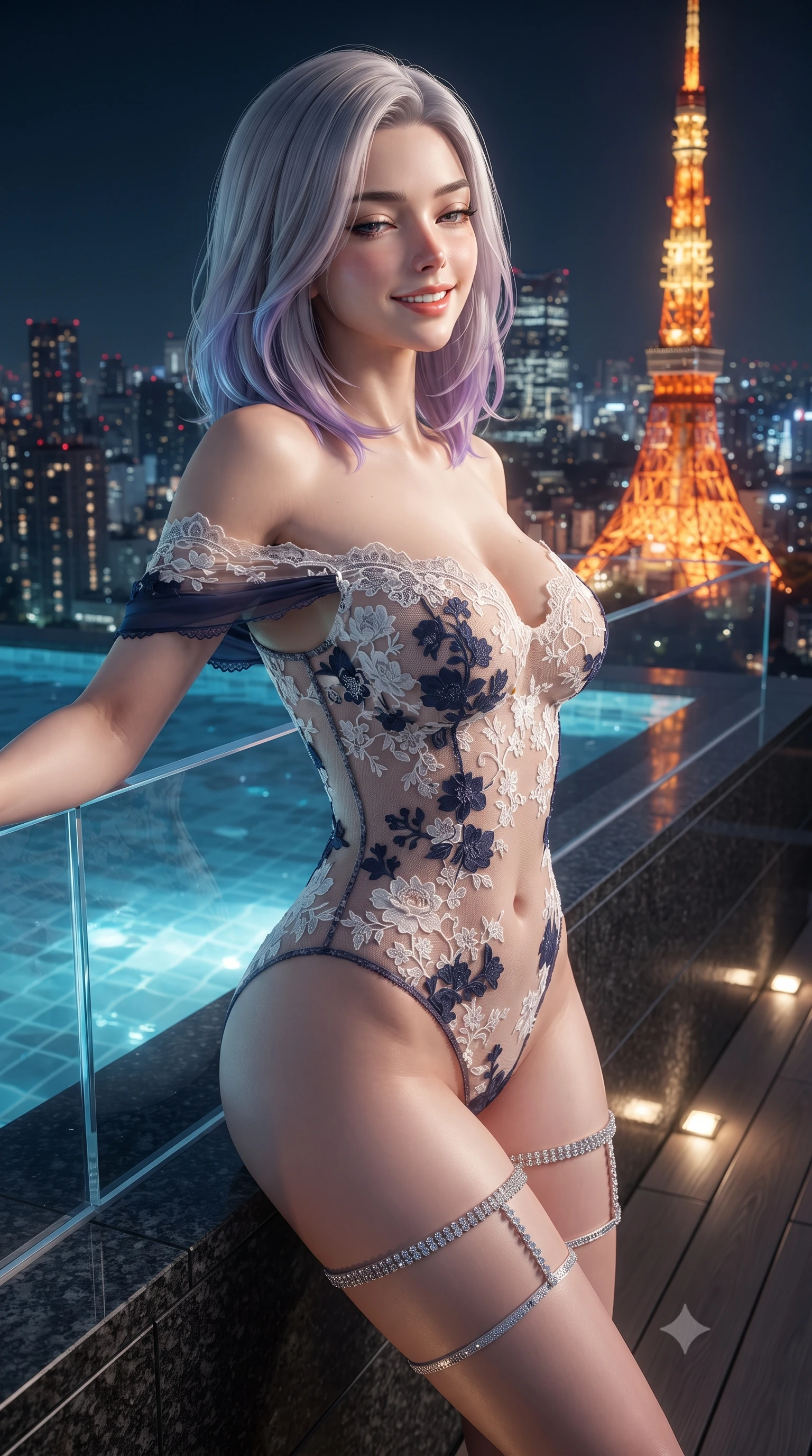 score_9, masterpiece, best quality, ultra-detailed, high-budget anime keyframe, editorial fashion photography, tasteful artistic composition, Caucasian woman. close-up cowboy shot from the waist and thighs up, the character dominates the composition, filling the frame with her large presence. leaning back against the balustrade with relaxed seductive grace, head tilted back slightly while casting a hypnotic, heavy-lidded gaze while leaning against the acrylic infinity pool edge with hips cocked back, looking down at the glittering Tokyo metropolis with heavy-lidded bedroom-eyes. The surrounding environment is rendered in vivid detail and crisp panoramic clarity: sharp clear acrylic infinity edge clarity, polished absolute-black granite tile joints, and Tokyo Tower steel lattice in deep focus. She has an exceptionally elegant, slender, and willowy female figure with an ultra-slim waist, flat toned midriff, narrow ribcage, and sculpted feminine hips creating an alluring, slim hourglass silhouette without bulk. sharp v-shaped jawline, high-bridge nose, intricate jewel-like sparkling eyes with depth, thick eyelashes, glossy parted lips with a natural peach sheen, bright cheerful beaming smile with an enchanting and coquettish sensual glint, exuding both youthful cute charm and seductive allure, flawlessly proportioned anatomical accuracy, strict slender model proportions, natural body alignment, perfectly sculpted long slender limbs, ultra-slim waistline, clean dynamic posture without body distortion. wearing an off-the-shoulder sheer-illusion Spanish lace bodysuit with strategic floral flocking and high-cut leg openings in Mount Fuji snow-peak white and midnight indigo silk, crafted from translucent silk organza with an ethereal crystalline sheen, finished with delicate crystal-encrusted thigh garter straps glinting in the dim light, the liquid-tight tailored fabric clinging flawlessly to her narrow waist and rounded feminine hips, emphasizing every millimeter of her sculpted slim hourglass curves without any bulky heaviness. bathed in the dynamic warm glow of Tokyo Tower combined with underwater pool sapphire LEDs and warm 2800K deck spotlights. ultra-reflective glossy finish, specular highlights, rich textural contrasts, high-contrast stereoscopic depth, volumetric dynamic lighting, 2k, ultra detail, master piece, 9:16 ratio