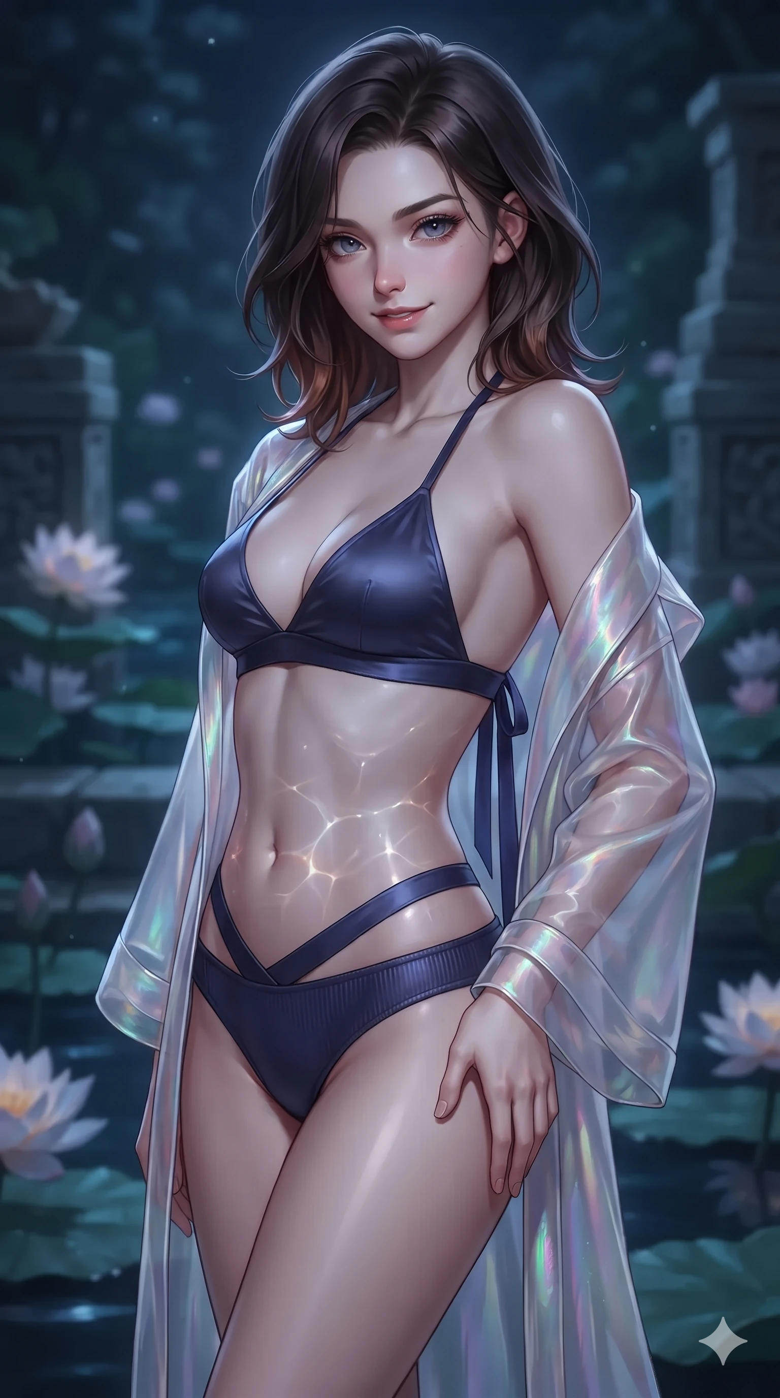 score_9, masterpiece, best quality, ultra-detailed, high-budget anime keyframe, editorial fashion photography, tasteful artistic composition, Korean woman. close-up cowboy shot from the waist and thighs up, the character dominates the composition, filling the frame with her large presence. tilting her head with a teasing half-smile, running one hand slowly down the side of her hip in a flirtatious S-curve as ambient light caresses her silhouette while twisting her slender torso in an alluring contrapposto stance, shimmering water refractions from the lotus pool dancing across her flat midriff. The background shows a soft-focus tranquil royal water garden softened in atmospheric nocturnal shallow focus. She has an exceptionally elegant, slender, and willowy female figure with an ultra-slim waist, flat toned midriff, narrow ribcage, and sculpted feminine hips creating an alluring, slim hourglass silhouette without bulk. sharp v-shaped jawline, high-bridge nose, sparkling eyes with hypnotic seductive depth, thick curled eyelashes, glossy parted lips with a natural dewy peach sheen, alluring bedroom-eyes with an enchanting coquettish smile, exuding magnetic siren charisma and sophisticated glamour, flawlessly proportioned anatomical accuracy, strict slender model proportions, natural body alignment, perfectly sculpted long slender limbs, ultra-slim waistline, clean dynamic posture without body distortion. wearing a translucent iridescent organza durumagi robe slipping off bare shoulders over a matching satin micro-bralette and wrap briefs in midnight indigo and glowing lantern topaz, tailored from fine ribbed modal knit with gentle elastic contouring and soft hand-feel, finished with long silk ribbon ties fluttering down her bare spine from a backless halter, the form-contouring silhouette accentuating her sculpted flat midriff, narrow delicate ribcage, and gracefully curvy hips with intoxicating allure. illuminated by dark water reflection bounce and sharp silver-rose rim lights defining her razor-sharp jawline, narrow waist, and curvy hips. ultra-reflective glossy finish, specular highlights, rich textural contrasts, high-contrast stereoscopic depth, volumetric dynamic lighting, 2k, ultra detail, master piece, 9:16 ratio