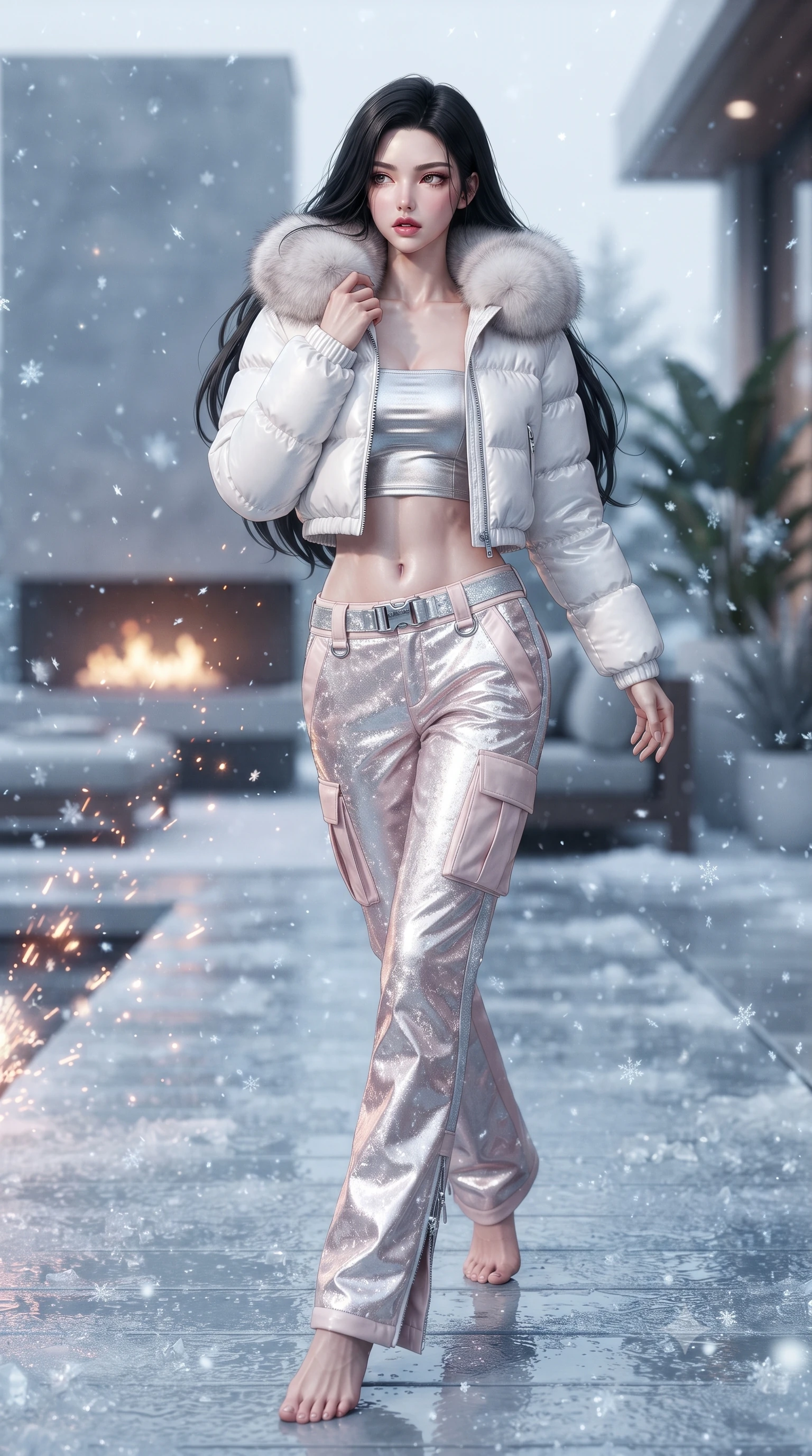 score_9, masterpiece, best quality, ultra-detailed, high-budget anime keyframe, editorial fashion photography, tasteful artistic composition, Korean woman. low angle full-body shot from head to toe showing her feet, filling the entire 9:16 vertical frame with her statuesque presence, stretching her vertical silhouette. striding forward in a proud, dynamic supermodel runway stride, hips swaying in an alluring kinetic rhythm that stretches her silhouette while pivoting gracefully on the frosted glass deck, pulling her fur-trimmed collar close while casting an alluring side-gaze. The composition keeps background elements in soft focus with creamy bokeh. sparkling ice crystal flakes and rising fireplace sparks scattering enchanted light motes across the deck. She has an absolutely perfect, statuesque 8.5-heads proportion, an exceptionally tall and slender model-like female figure with impossibly long slender legs, a toned flat midriff, and an ultra-slim waist. sharp v-shaped jawline, high-bridge nose, intricate jewel-like eyes with depth, thick eyelashes, glossy parted lips with a natural sheen, intensely captivating and seductive expression, flawlessly proportioned anatomical accuracy, strict slender model proportions, natural body alignment, perfectly sculpted long slender limbs, ultra-slim waistline, clean dynamic posture without body distortion. wearing a cropped white puffer jacket worn over a metallic silver tube top and low-slung insulated cargo pants in pale blush pink and frosted silver accents, crafted from shimmering metallic lamé reflecting frost like crushed ice, finished with polished chrome buckle closures and snow-gaiter zippers, the sweeping couture drape swaying majestically with her steps, accentuating her tall statuesque limbs and slender waistline. illuminated by bright specular snow reflections tracing her sculpted collarbones, waist, and long limbs. ultra-reflective glossy finish, specular highlights, rich textural contrasts, high-contrast stereoscopic depth, volumetric dynamic lighting, 2k, ultra detail, master piece, 9:16 ratio