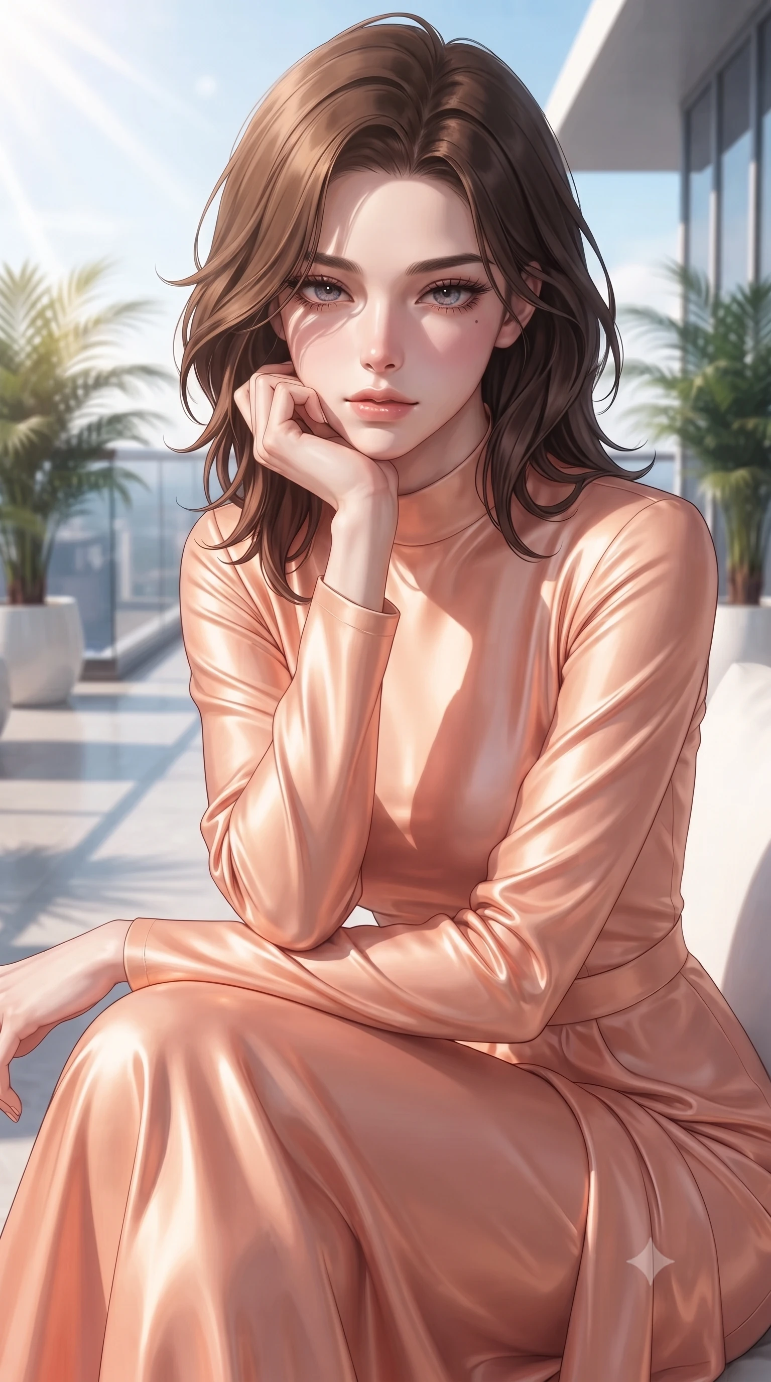 score_9, masterpiece, best quality, ultra-detailed, high-budget anime keyframe, editorial fashion photography, tasteful artistic composition, Korean woman. close-up cowboy shot from the waist and thighs up, the character dominates the composition, filling the frame with her large presence, background elements kept in soft focus. resting her chin on the backs of her fingers, casting a heavy-lidded, sultry look past the camera the background shows a soft-focus a high-rise helipad balcony decorated with potted palms and glass railings. She has an exceptionally elegant, slender, and willowy female figure with an ultra-slim waist, a gracefully sculpted slender torso, and a refined silhouette. sharp v-shaped jawline, high-bridge nose, intricate jewel-like eyes with depth, thick eyelashes, glossy lips with a natural sheen. wearing a tailored flowy peach-colored chiffon lounge gown with long sleeves and a modest high collar. bright morning sun rays creating fresh and energetic shadows. ultra-reflective glossy finish, specular highlights, metallic sheen, high-contrast stereoscopic depth, volumetric dynamic lighting, 2k, ultra detail, master piece, 9:16 ratio