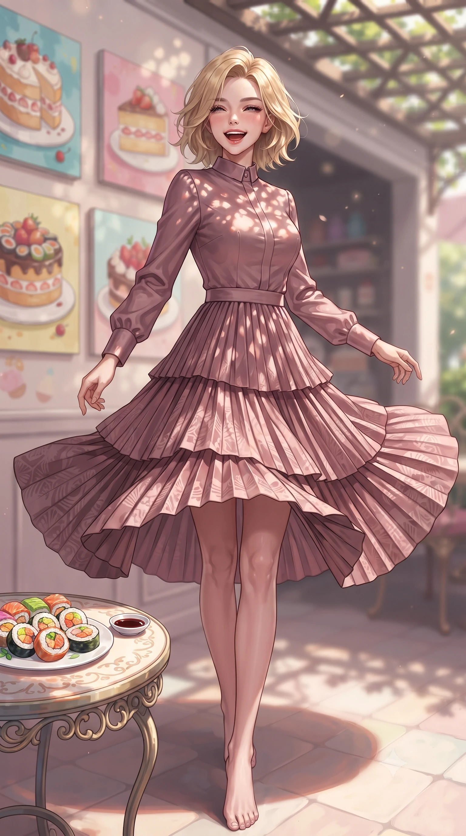 score_9, masterpiece, best quality, ultra-detailed, high-budget anime keyframe, editorial fashion photography, tasteful artistic composition, Caucasian woman. low angle full-body shot from head to toe showing her feet, filling the entire 9:16 vertical frame with her statuesque presence, stretching her vertical silhouette. twirling around with a playful, cute laugh, her skirt billowing beautifully in the air set against a soft-focus background of in a cozy dessert cafe corner decorated with colorful cake paintings with a plate of colorful sushi rolls and a small dish of soy sauce on the table. She has an absolutely perfect, statuesque 8.5-heads proportion, an exceptionally tall and slender model-like female figure with impossibly long slender legs and an ultra-slim waist. sharp v-shaped jawline, high-bridge nose, intricate jewel-like eyes with depth, thick eyelashes, glossy lips with a natural sheen. wearing tailored lovely long-sleeve midi dress in dusty rose, featuring a high collar and pleated skirt. dappled sunlight filtering through the outdoor trellis onto her shoulders. ultra-reflective glossy finish, specular highlights, metallic sheen, high-contrast stereoscopic depth, volumetric dynamic lighting, 2k, ultra detail, master piece, 9:16 ratio