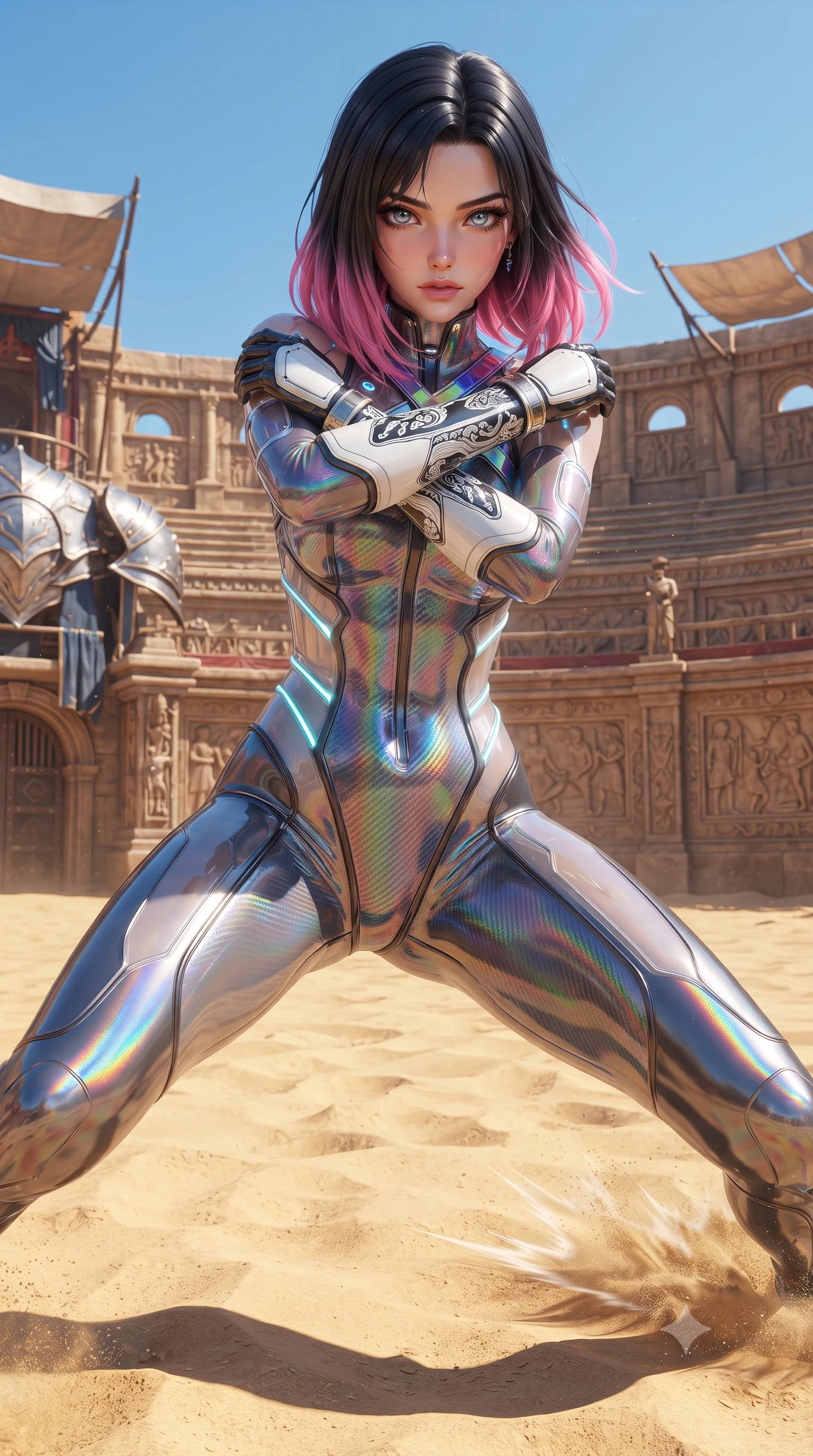 score_9, masterpiece, best quality, ultra-detailed, high-budget anime keyframe, editorial fashion photography, tasteful artistic composition, Korean woman. close-up cowboy shot from the waist and thighs up, the character dominates the composition, filling the frame with her large presence. shifting into a low cat-stance with arms crossed defensively, glowing energy conduits tracing her ultra-slim waist and sculpted clavicle while pivoting dynamically as her heel strikes the arena ground, sending a shockwave ripple through the sunlit golden sand. The surrounding environment is rendered in vivid detail and crisp panoramic clarity. intricate titanium armor plating bevels, colosseum wall carvings, and clear blue sky in high clarity. She has an exceptionally elegant, slender, and willowy female figure with an ultra-slim waist, a gracefully sculpted slender torso, toned flat midriff, and a refined slim silhouette. sharp v-shaped jawline, high-bridge nose, intricate jewel-like eyes with depth, thick eyelashes, glossy lips with a natural sheen, flawlessly proportioned anatomical accuracy, strict slender model proportions, natural body alignment, perfectly sculpted long slender limbs, ultra-slim waistline, clean dynamic posture without body distortion. wearing a high-gloss iridescent rainbow carbon-weave bodysuit with translucent cybernetic panels and Damascus-steel forearm bracers in monochrome white enamel carbon with high-contrast black panels, formed from high-gloss patent carbon-plating with specular chiaroscuro reflections, complemented by criss-cross back harness straps highlighting her completely bare spine, the liquid-tight tailored fabric emphasizing every curve of her tall, slender model proportions and sculptured silhouette during dynamic movement. surrounded by a glorious, invincible, and fiercely captivating cyber-gladiator empress aura. ultra-reflective glossy finish, specular highlights, dark metallic sheen, high-contrast stereoscopic depth, volumetric dynamic lighting, 2k, ultra detail, master piece, 9:16 ratio