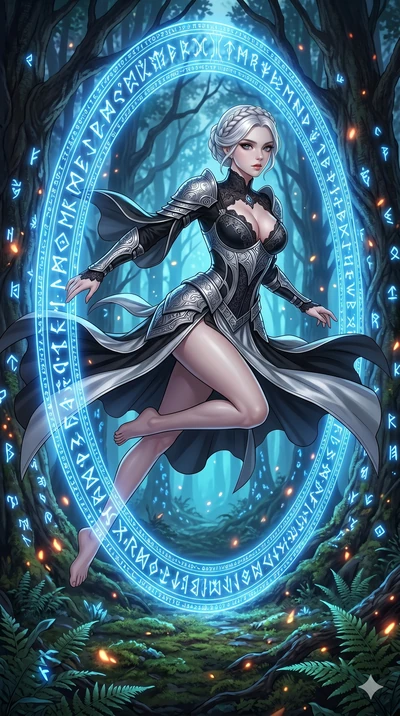 score_9, masterpiece, best quality, ultra-detailed, Set C: High-budget Anime Keyframe, Korean woman. Low angle cowboy shot filling the entire 9:16 frame with her statuesque presence. Leaping through a ring of glowing runes in an ancient forest. She h