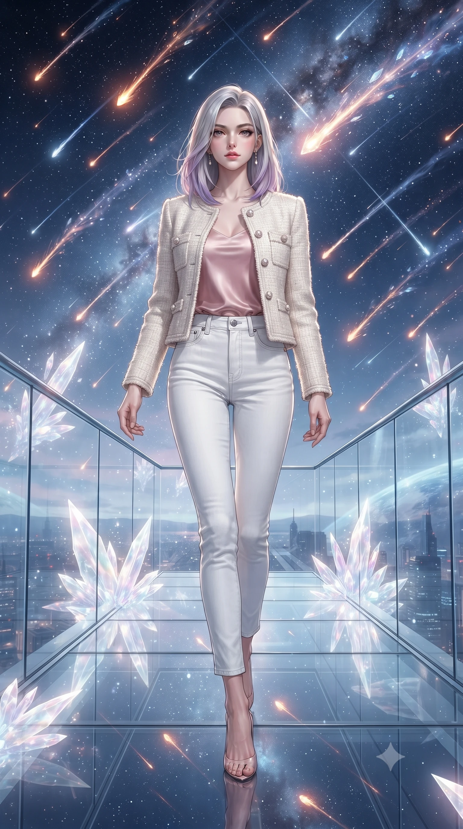 score_9, masterpiece, best quality, ultra-detailed, high-budget anime keyframe, editorial fashion photography, tasteful artistic composition, Caucasian woman, strictly human ears. low angle full-body shot from head to toe showing her feet, filling the entire 9:16 vertical frame with her statuesque presence, stretching her vertical silhouette. striding with confident determination through a transparent observation deck during the most spectacular meteor shower in a millennium thousands of bright streaks crossing the sky in every direction some leaving persistent glowing trails of ionized gas. She has a statuesque 8.5-heads proportion, an exceptionally tall, slender and willowy model-like build with impossibly long legs and a highly sculpted ultra-slim waist. sharp v-shaped jawline, high-bridge nose, intricate jewel-like eyes with depth, thick eyelashes, glossy lips with a natural sheen. wearing a structured ivory tweed jacket with pearl buttons over a blush pink silk camisole and white denim trousers. ethereal pearlescent light emanating from floating crystalline formations all around. 2k, ultra detail, master piece, 9:16 ratio