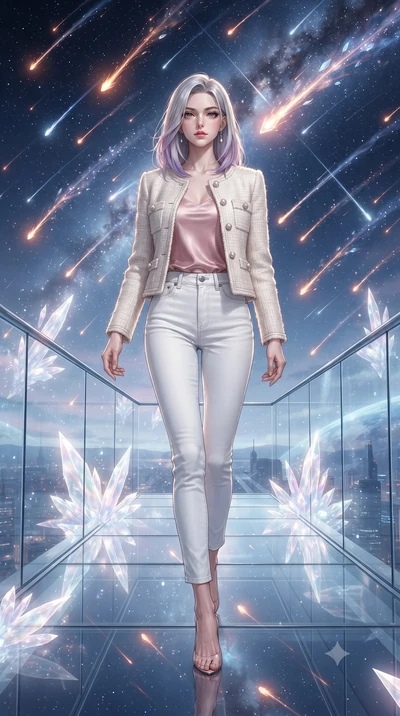 score_9, masterpiece, best quality, ultra-detailed, high-budget anime keyframe, editorial fashion photography, tasteful artistic composition, Caucasian woman, strictly human ears. low angle full-body shot from head to toe showing her feet, filling th