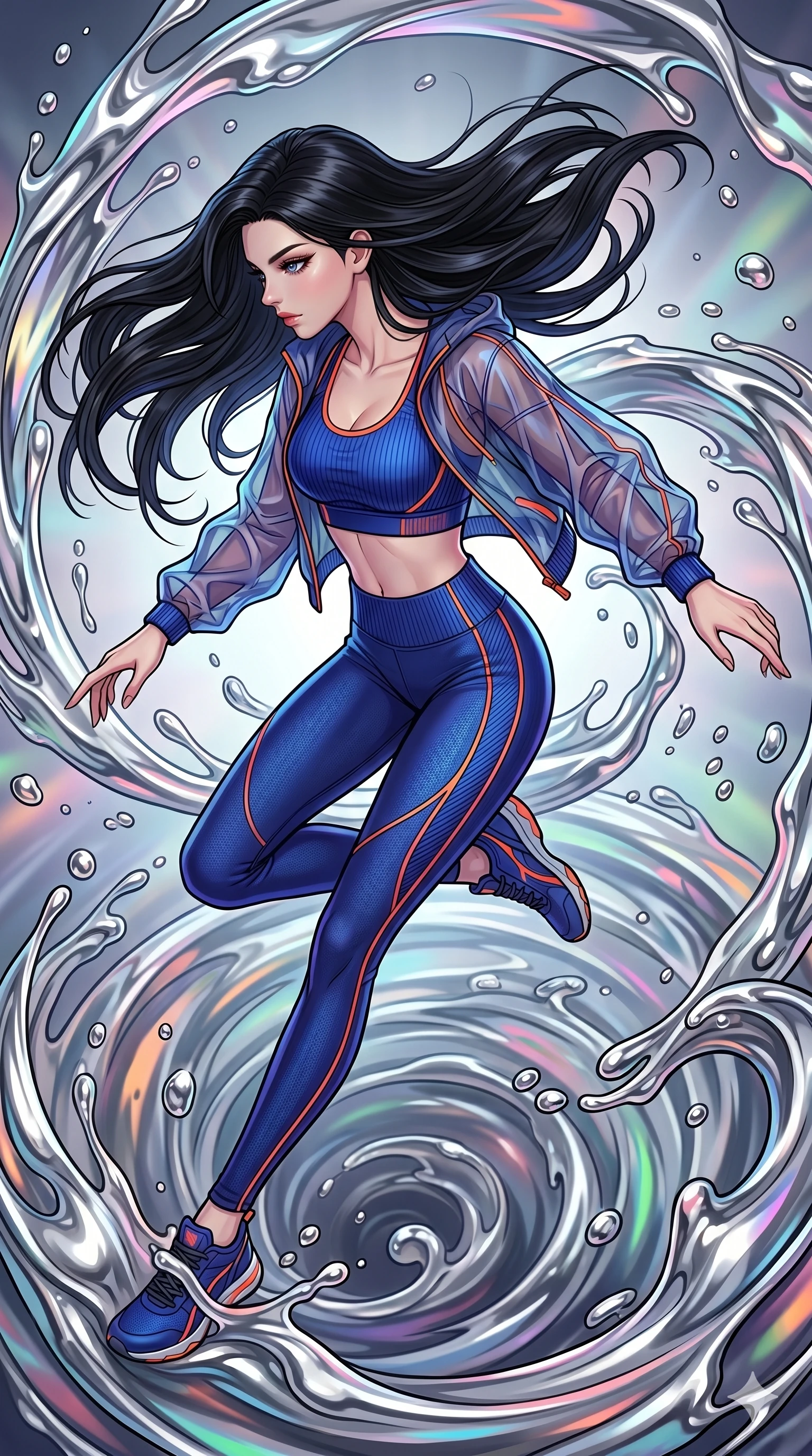 score_9, masterpiece, best quality, ultra-detailed, high-budget anime movie keyframe, cinematic anime lighting, intricate line art, Caucasian (strictly human ears) anime girl. Dynamic full-body shot stretching the vertical silhouette with extreme perspective. spinning in a fountain of liquid silver, droplets suspended in mid-air. She has an absolutely perfect 8-heads proportion, an exceptionally tall and slender female figure with an ultra-slim waist and impossibly long slender legs. strictly human anatomy, two legs only, no extra limbs, clearly defined legs and arms, perfect anatomy, perfect hands and fingers. sharp v-shaped jawline, high-bridge nose, intricate jewel-like eyes, thick eyelashes, glossy lips. Wearing Premium Athleisure: Ribbed sports bra and leggings set, sheer windbreaker, and sleek high-performance activewear. The scene is illuminated by dramatic atmospheric lighting and vibrant color palettes. , 2k, ultra detail, master piece, 9:16 ratio