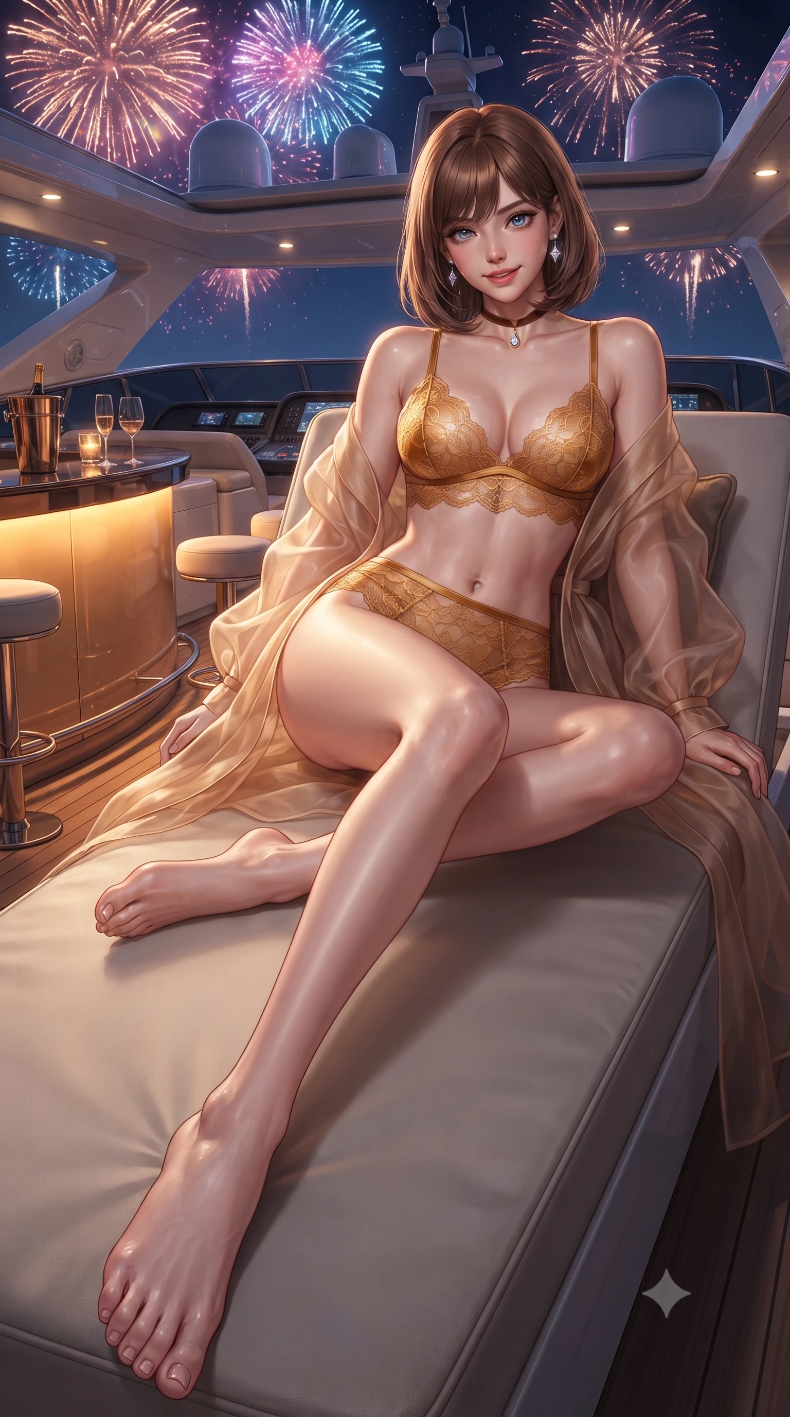 score_9, masterpiece, best quality, ultra-detailed, high-budget anime keyframe, editorial fashion photography, tasteful artistic composition, Caucasian woman. low angle full-body shot from head to toe showing her feet, filling the entire 9:16 vertical frame with her statuesque presence, stretching her vertical silhouette. reclining gracefully across the plush chaise lounge with one leg extended, her sculpted silhouette and flat midriff radiating magnetic nocturnal glamour while twisting her slender torso in an alluring contrapposto stance, pyrotechnic colors and yacht deck lights tracing her hourglass curves. The surrounding environment is rendered in vivid detail and crisp panoramic clarity: detailed plunging cowl-neck metallic gown cling, diamond earrings sparkle, and luxury yacht flybridge engineering in razor-sharp precision. She has an absolutely perfect, statuesque 8.5-heads proportion, an exceptionally tall and slender model-like female figure with impossibly long slender legs, an ultra-slim waist, a flat toned midriff, narrow delicate ribcage, and beautifully sculpted feminine hips creating a graceful, slim hourglass silhouette without any bulky heaviness. sharp v-shaped jawline, high-bridge nose, sparkling eyes with hypnotic seductive depth, thick curled eyelashes, glossy parted lips with a natural dewy peach sheen, alluring bedroom-eyes with an enchanting coquettish smile, exuding magnetic siren charisma and sophisticated glamour, flawlessly proportioned anatomical accuracy, strict slender model proportions, natural body alignment, perfectly sculpted long slender limbs, ultra-slim waistline, clean dynamic posture without body distortion. wearing a sheer organza kimono robe worn loose and slipping off bare shoulders over a matching satin bralette and high-waisted briefs in warm amber honey and antique gold leaf, made of delicate semi-sheer French Chantilly lace with intricate eyelash edges, finished with a thin velvet ribbon choker and a single teardrop diamond pendant, the form-contouring silhouette accentuating her sculpted flat midriff, narrow delicate ribcage, and gracefully curvy hips with intoxicating allure. bathed in dynamic multi-color light flashes from fireworks overhead mixed with warm amber bar counter glow. ultra-reflective glossy finish, specular highlights, rich textural contrasts, high-contrast stereoscopic depth, volumetric dynamic lighting, 2k, ultra detail, master piece, 9:16 ratio