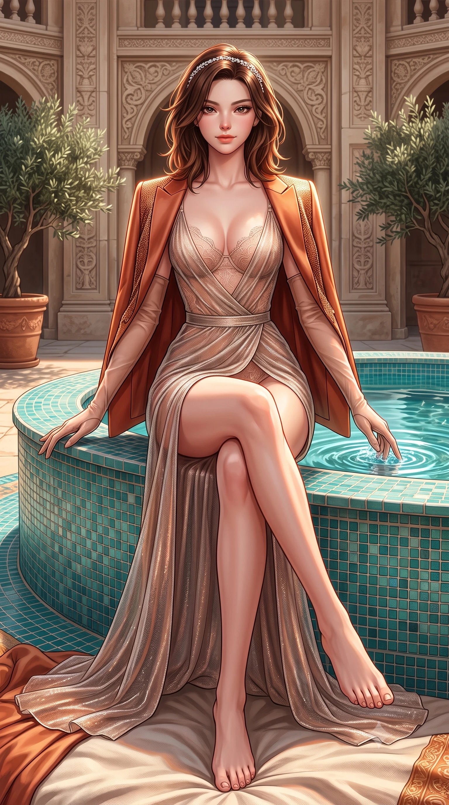 score_9, masterpiece, best quality, ultra-detailed, high-budget anime keyframe, semi-realistic 3D game render, editorial fashion photography, tasteful artistic composition, Korean woman. low angle full-body shot from head to toe showing her feet, filling the entire 9:16 vertical frame with her statuesque presence, stretching her vertical silhouette. lounging on the lavish daybed with legs crossed and hips angled toward the camera, displaying her toned midriff and long slender limbs with effortless siren poise while sitting poised on the turquoise mosaic fountain rim with legs crossed, dipping one manicured hand in the pool with sovereign aristocratic cool. The surrounding environment is rendered in vivid detail and crisp panoramic clarity: detailed semi-sheer metallic lurex gown cling, diamond headpiece sparkle, and royal palace craftsmanship in razor-sharp precision. She has an absolutely perfect, statuesque 8.5-heads proportion, an exceptionally tall and slender model-like female figure with impossibly long slender legs, an ultra-slim waist, a flat toned midriff, narrow delicate ribcage, and beautifully sculpted feminine hips creating a graceful, slim hourglass silhouette without any bulky heaviness. sharp v-shaped jawline, high-bridge nose, sparkling eyes with hypnotic seductive depth, thick curled eyelashes, glossy parted lips with a natural dewy peach sheen, alluring bedroom-eyes with an enchanting coquettish smile, exuding magnetic siren charisma and sophisticated glamour, flawlessly proportioned anatomical accuracy, strict slender model proportions, natural body alignment, perfectly sculpted long slender limbs, ultra-slim waistline, clean dynamic posture without body distortion. wearing a delicate sheer French Chantilly lace teddy layered under an open tailored tuxedo blazer draped over bare shoulders in sun-drenched Tuscan terracotta and burnished copper, crafted from shimmering fluid chainmail mesh reflecting ambient lights, complemented by sheer opera-length evening gloves tracing her slender arms, the high-slit wrap tailoring accentuating her ultra-slim waistline and the enchanting curve of her feminine hips with alluring seductive charm. illuminated by water reflection bounce and sharp copper-gold rim lights sculpting her jawline, narrow waist, and voluptuous hip curves. highly saturated vibrant anime colors, detailed shading with soft gradients, rich glossy textures, high-contrast stereoscopic depth, volumetric dynamic lighting, master piece, 9:16 ratio