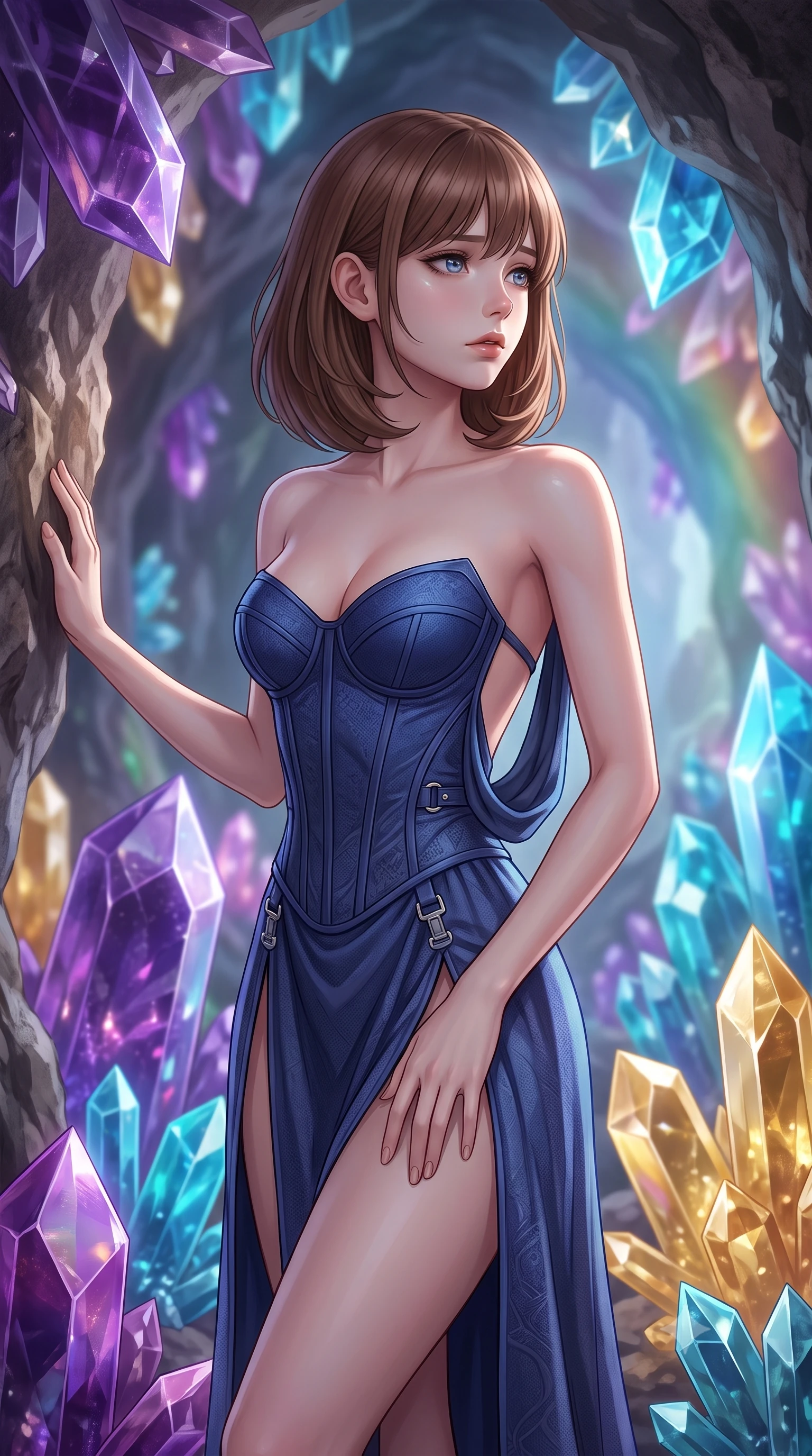 score_9, masterpiece, best quality, ultra-detailed, high-budget anime keyframe, editorial fashion photography, tasteful artistic composition, Caucasian woman, strictly human ears. close-up cowboy shot from the waist and thighs up, the character dominates the composition, filling the frame with her large presence, background elements kept in soft focus. Gazing into the distance with a wistful melancholic expression and softly glowing eyes. set against a soft-focus background of deep inside a hollowed-out asteroid whose rough stone walls are lined with enormous crystal formations in every imaginable color from deep violet amethyst to electric blue aquamarine to warm citrine gold. She has an exceptionally elegant and slender, willowy female figure with an ultra-slim waist, a gracefully sculpted slender torso, and a refined slim physique. sharp v-shaped jawline, high-bridge nose, intricate jewel-like eyes with depth, thick eyelashes, glossy lips with a natural sheen. wearing a structured bustier gown in deep indigo blue, featuring a boned bodice, a daring high front slit, and an open back. the crystals themselves emit soft inner glow in their respective colors creating a rainbow cave of ambient illumination with sharp specular highlights on crystal facets. 2k, ultra detail, master piece, 9:16 ratio