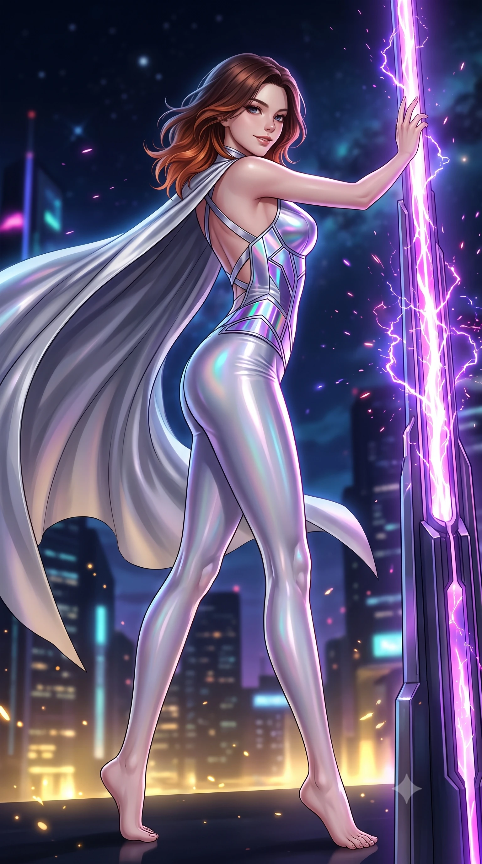 score_9, masterpiece, best quality, ultra-detailed, high-budget anime keyframe, semi-realistic 3D game render, editorial fashion photography, tasteful artistic composition, Korean woman. low angle full-body shot from head to toe showing her feet, filling the entire 9:16 vertical frame with her statuesque presence, stretching her vertical silhouette. striding forward with commanding supermodel grace, her 8.5-heads statuesque silhouette dominating the vertical frame from head to toe while leaning against a glowing spire conduit with a fearless, intoxicating smile as high-altitude winds billow her silver cape. The composition keeps background elements in soft focus with creamy bokeh. crackling plasma sparks scattering subtle glowing light motes across a dark nocturnal backdrop. She has an absolutely perfect, statuesque 8.5-heads proportion, an exceptionally tall and slender model-like female figure with impossibly long slender legs, a toned flat midriff, and an ultra-slim waist. sharp v-shaped jawline, high-bridge nose, intricate jewel-like eyes with depth, thick eyelashes, glossy lips with a natural sheen, flawlessly proportioned anatomical accuracy, strict slender model proportions, natural body alignment, perfectly sculpted long slender limbs, ultra-slim waistline, clean dynamic posture without body distortion. wearing a precision-tailored holographic cyber-corset with geometric iridescent plating and an ultra-slim waist-cinching silhouette in iridescent holographic chrome with prism violet highlights, made of liquid jersey fabric that clings flawlessly to every contour of her build, complemented by criss-cross back straps highlighting her completely bare spine, the liquid-tight tailored fabric emphasizing every curve of her tall, slender model proportions and sculptured silhouette during dynamic movement. bathed in vivid violet and electric magenta plasma aurora backlighting with golden city ground bounce. rich saturated anime colors with glowing neon highlights, detailed shading with soft gradients, rich glossy textures, high-contrast stereoscopic depth, volumetric dynamic lighting, master piece, 9:16 ratio