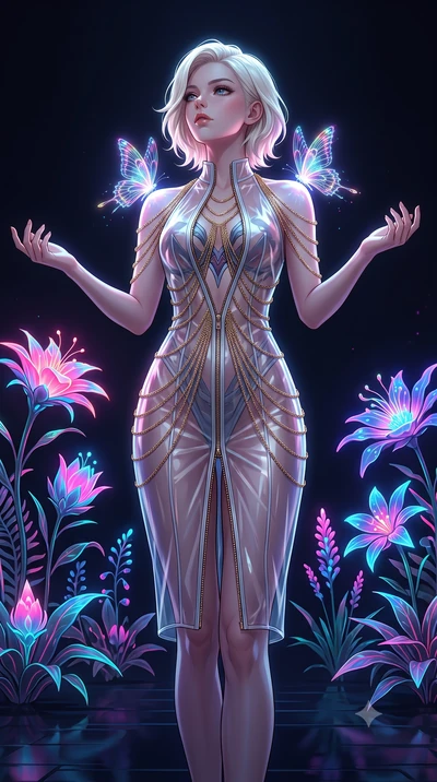 score_9, masterpiece, best quality, ultra-detailed, High-budget Anime Keyframe, Caucasian woman, strictly human ears. Low angle cowboy shot filling the entire 9:16 frame with her statuesque presence. Scenario 399: watching digital butterflies land on