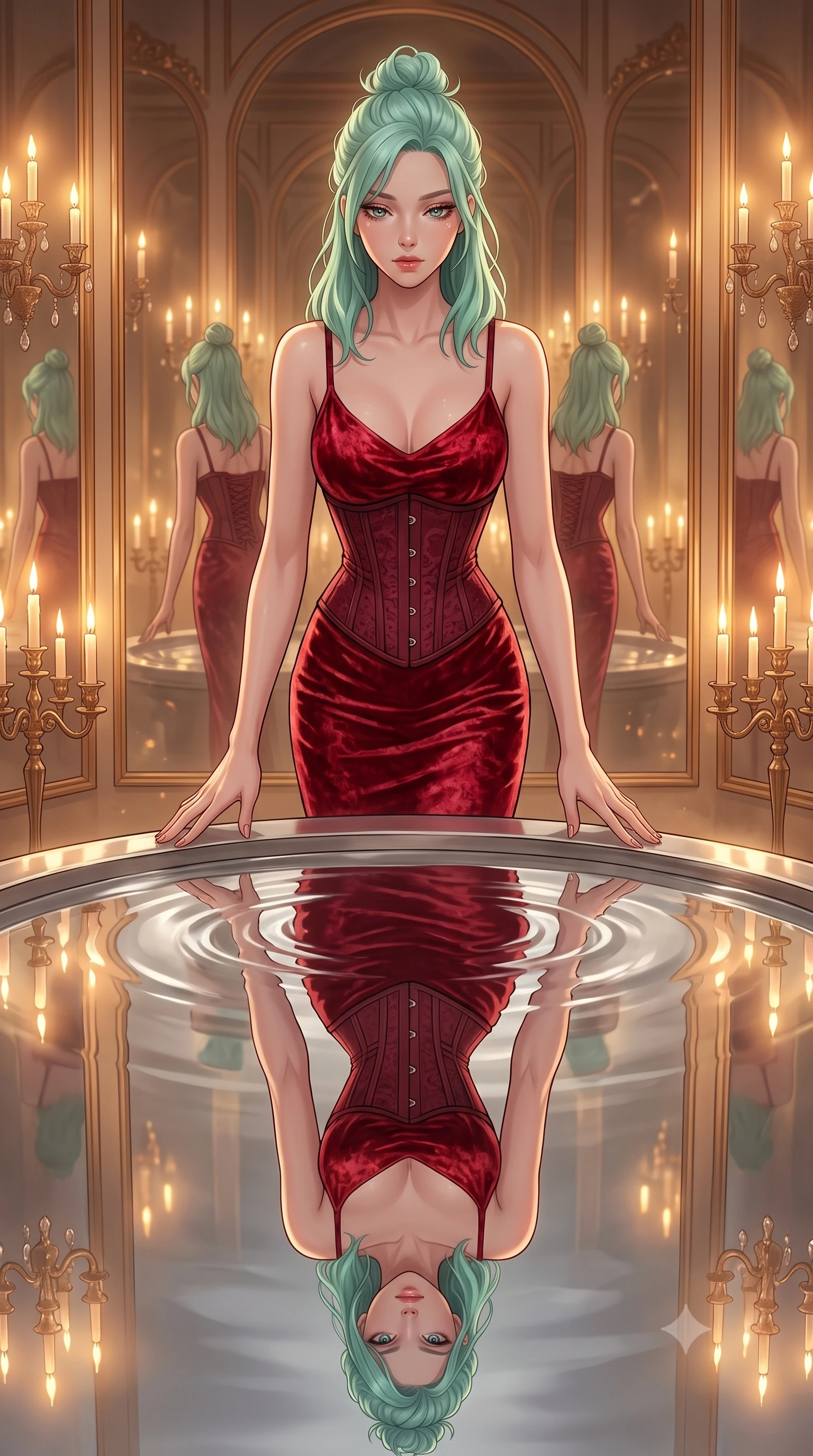 score_9, masterpiece, best quality, ultra-detailed, High-budget Anime Keyframe, East Asian woman. Low angle cowboy shot filling the entire 9:16 frame with her statuesque presence. Scenario 426: gazing at her reflection in a pool of liquid silver in a hall of mirrors reflecting infinite silhouettes in warm candlelight. Her presence is magnetic and overpowering in this high-budget anime scene. Outfit 426: a body-hugging crimson red crushed velvet slip dress layered over a structured corset bodice. The clothing is designed to emphasize her exceptionally tall and slender 8-heads proportion. 8-heads proportion, towering silhouette, ultra-slim waist. sharp v-shaped jawline, intricate jewel-like eyes with depth, thick eyelashes, glossy lips. 2k, ultra detail, master piece, 9:16 ratio