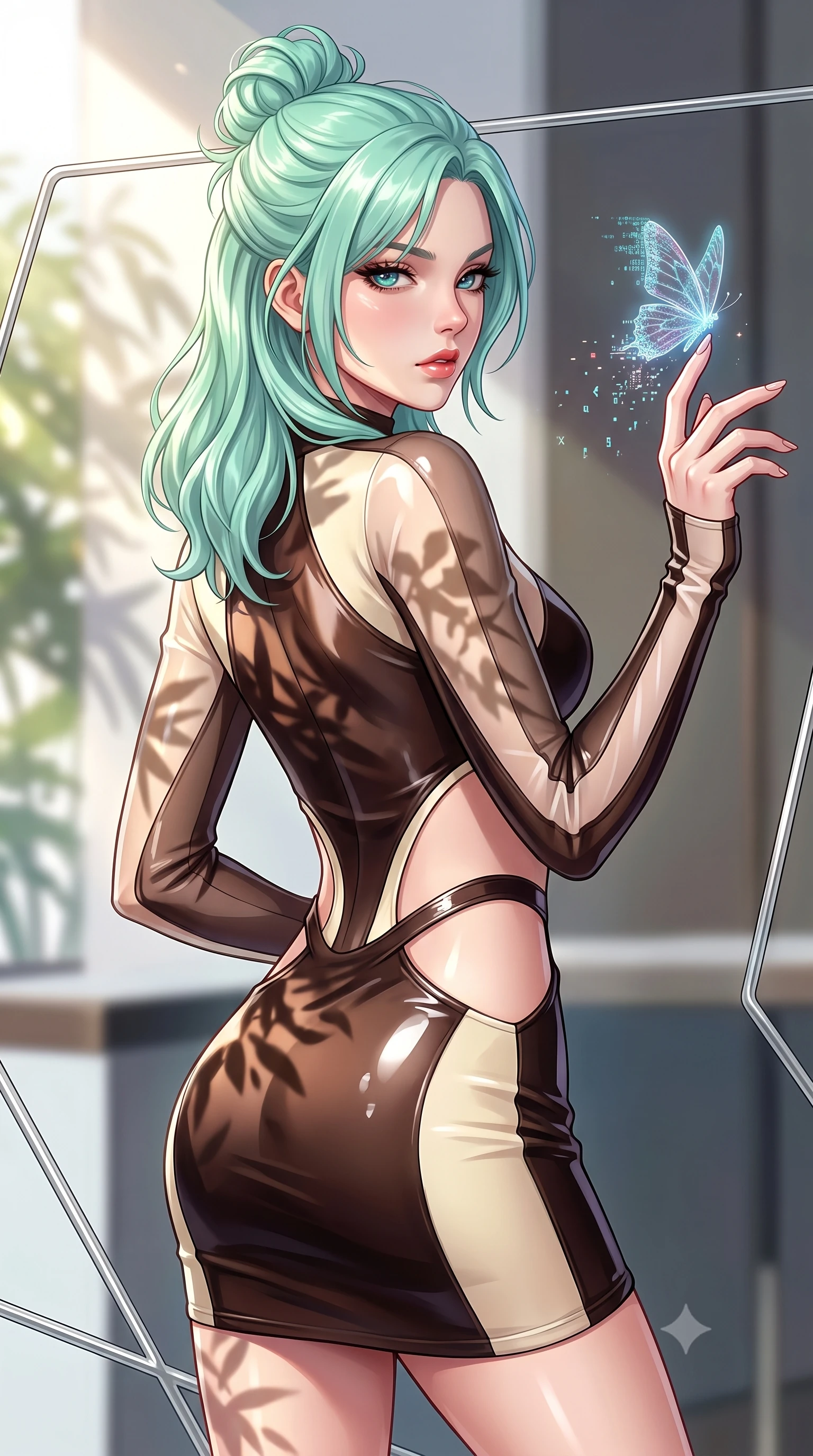score_9, masterpiece, best quality, ultra-detailed, high-budget anime keyframe, editorial fashion photography, tasteful artistic composition, Japanese woman. close-up cowboy shot from the waist and thighs up, the character dominates the composition, filling the frame with her large presence, background elements kept in soft focus. Pivoting sharply while looking back over her shoulder with heavy lashes and a confident, intense gaze while reaching her hand out to touch a floating holographic butterfly dispersing code sparks, sleek platinum wire lattices creating clean architectural line frames. She has an exceptionally elegant, slender, and willowy female figure with an ultra-slim waist, a gracefully sculpted slender torso, and a refined silhouette. sharp v-shaped jawline, high-bridge nose, intricate jewel-like eyes with depth, thick eyelashes, glossy lips with a natural sheen, flawlessly proportioned anatomical accuracy, natural body alignment, perfectly sculpted elegant limbs, clean dynamic posture without body distortion. wearing a sleek bodycon knit dress with strategic sheer organza sleeve panels in espresso brown and warm cream, tailored from high-gloss patent leather, featuring clean architectural cutouts along her slender torso, the elegant draped fit framing her graceful clavicle and slender torso. illuminated by brilliant sunbeams casting organic leaf stencil shadows. highly saturated vibrant anime colors, detailed shading with soft gradients, rich glossy textures, high-contrast stereoscopic depth, volumetric dynamic lighting, master piece, 9:16 ratio