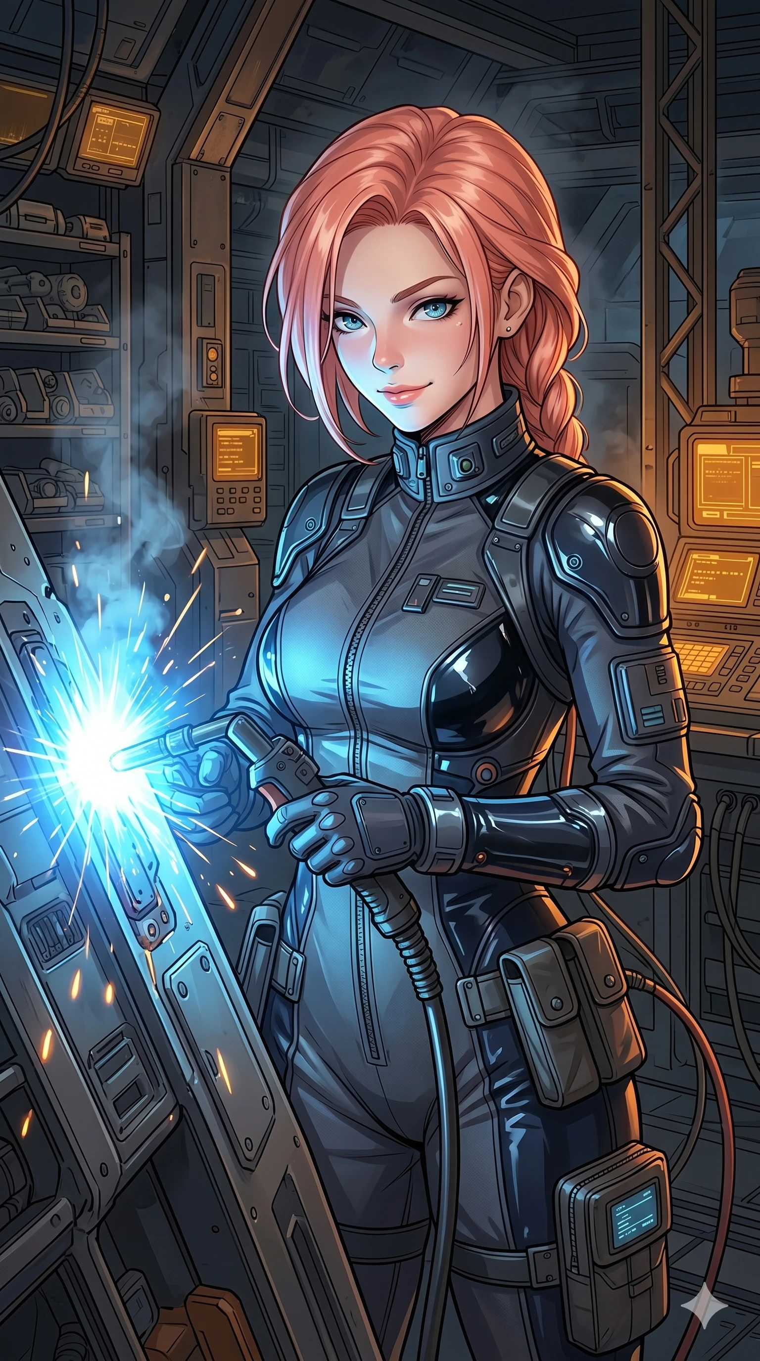 score_9, masterpiece, best quality, ultra-detailed, high-budget anime keyframe, Japanese woman. Upper body close-up from the thighs up, character filling the screen for maximum presence. Inside a space station workshop, welding a metallic panel, holding the welding tool, looking up with a confident half-smile. She is wearing a heavy-duty tech-jumpsuit with glossy vinyl overlays, zipped to the collar. The scene is bathed in the brilliant blue flashes of the welder and amber accents. 2k, ultra detail, master piece, 9:16 ratio