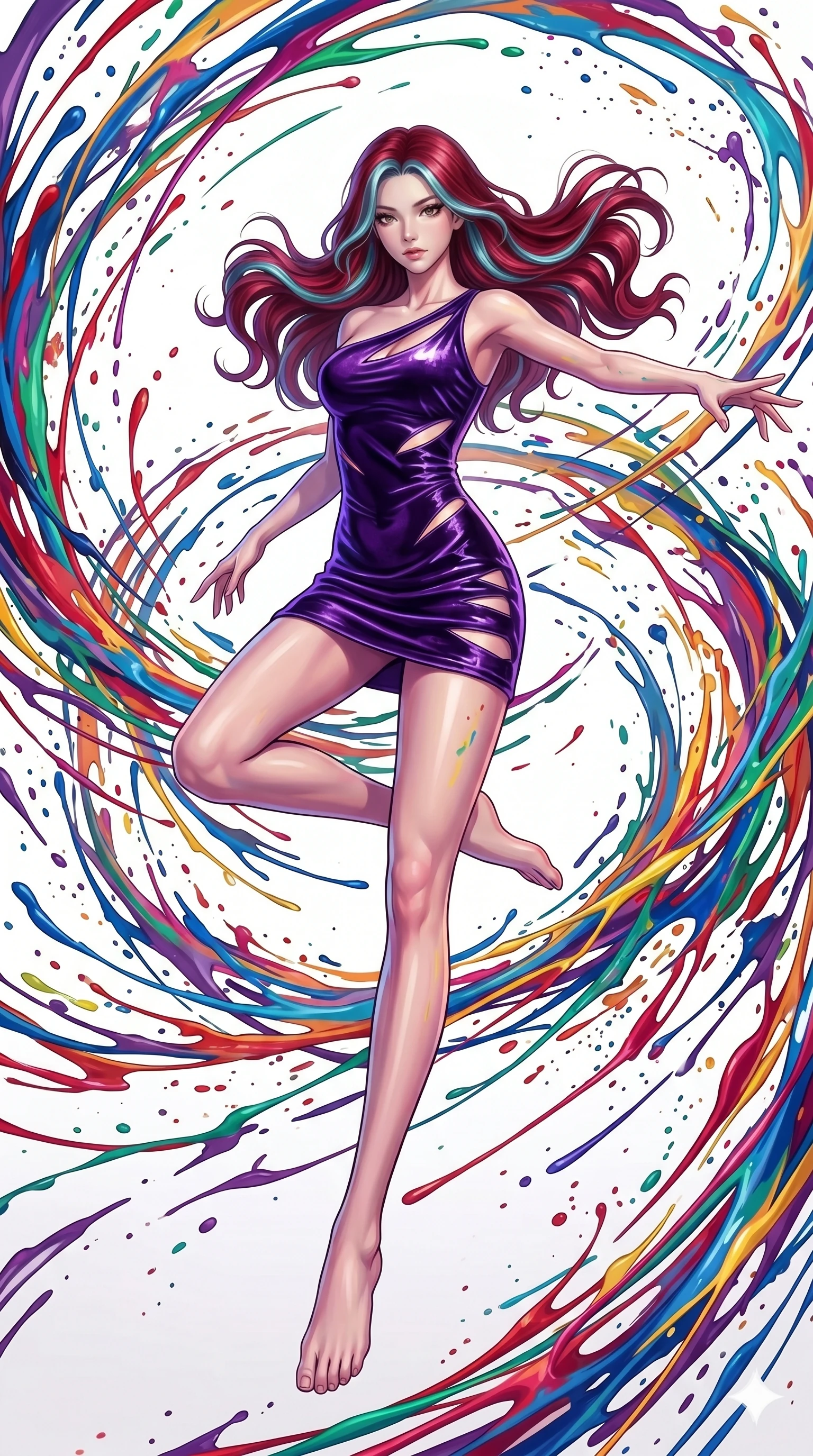score_9, masterpiece, best quality, ultra-detailed, high-budget anime keyframe, Caucasian woman, strictly human ears. low angle full-body shot filling the entire 9:16 frame with her statuesque presence, stretching the vertical silhouette. leaping into a vorticist paint splatter dimension where thousands of vivid acrylic paint ribbons and splatters swirl around her in a white gallery void. She has an absolutely perfect 8-heads proportion, an exceptionally tall and slender female figure with impossibly long slender legs and an ultra-slim waist. V-shaped jawline, high-bridge nose, intricate jewel-like eyes with depth, thick eyelashes, glossy lips with a natural sheen.. wearing an asymmetric liquid velvet slip dress, featuring a wet-look deep purple velvet one-shoulder mini slip with slanted slashed cutouts. accented by dynamic color-blocked lighting with high-contrast shadows emphasizing her statuesque height. 2k, ultra detail, master piece, 9:16 ratio
