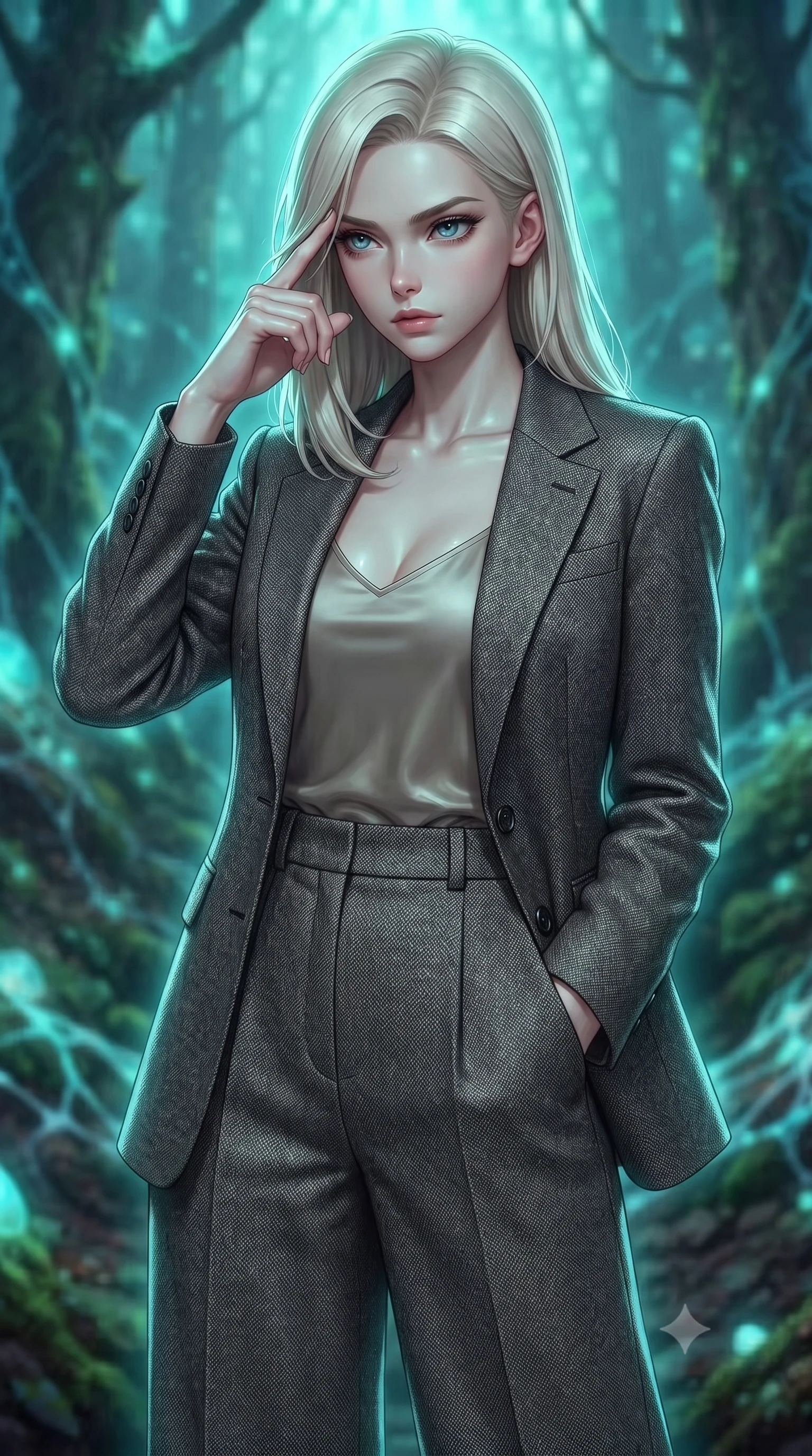 score_9, masterpiece, best quality, ultra-detailed, high-budget anime keyframe, editorial fashion photography, tasteful artistic composition, Caucasian woman woman. close-up cowboy shot from the waist and thighs up, the character dominates the composition, filling the frame with her large presence, background elements kept in soft focus. She has an exceptionally elegant, slender, and willowy female figure with an ultra-slim waist, a gracefully sculpted slender torso, and a refined silhouette. pressing two fingers to her temple in a composed gesture, gazing past the camera with sharp focus, flawlessly proportioned anatomical accuracy, natural body alignment, perfectly sculpted elegant limbs, clean dynamic posture without body distortion. set against a soft-focus background of an ancient rainforest with pulsing opal fungal mycelium networks. wearing a tailored charcoal tweed suit jacket with high-waisted wide trousers. bathed in cool emerald and cyan bioluminescent organic glow wrapping her silhouette. ultra-reflective glossy finish, specular highlights, metallic sheen, high-contrast stereoscopic depth, volumetric dynamic lighting, 2k, ultra detail, master piece, 9:16 ratio