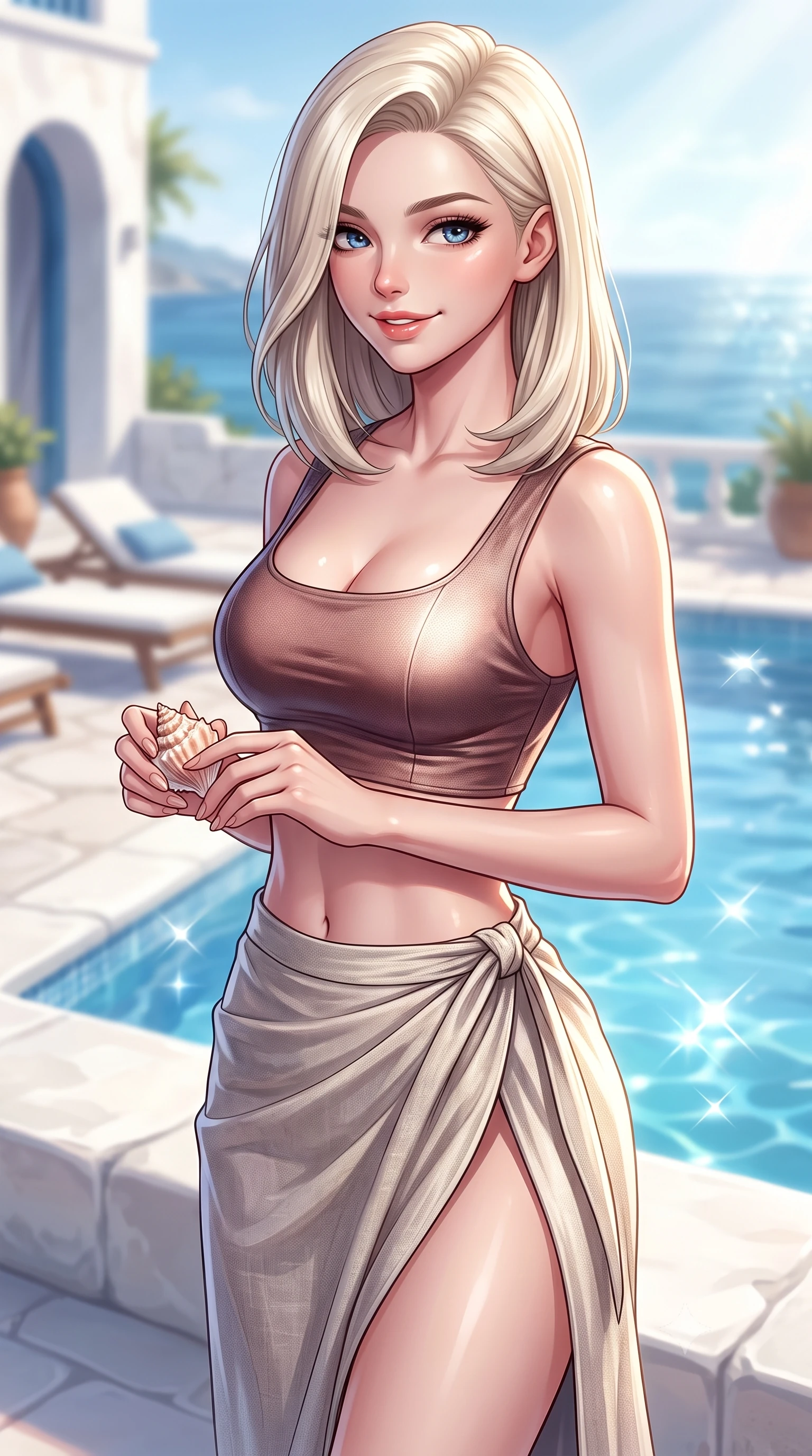 score_9, masterpiece, best quality, ultra-detailed, high-budget anime keyframe, editorial fashion photography, tasteful artistic composition, Caucasian woman. close-up cowboy shot from the waist and thighs up, the character dominates the composition, filling the frame with her large presence, background elements kept in soft focus. smiling with a playful and cute half-smile, glancing sidelong over her shoulder set against a soft-focus background of on a white stone terrace of a Mediterranean-style resort overlooking the sea holding a small seashell with a happy, cute expression. She has an exceptionally elegant, slender, and willowy female figure with an ultra-slim waist, a gracefully sculpted slender torso, and a refined silhouette. sharp v-shaped jawline, high-bridge nose, intricate jewel-like eyes with depth, thick eyelashes, glossy lips with a natural sheen. wearing form-contouring stylish crop top paired with a high-slit linen wrap skirt. fresh morning sun rays creating sparkling glints on the blue pool water. highly saturated vibrant anime colors, detailed shading with soft gradients, rich glossy textures, high-contrast stereoscopic depth, volumetric dynamic lighting, master piece, 9:16 ratio
