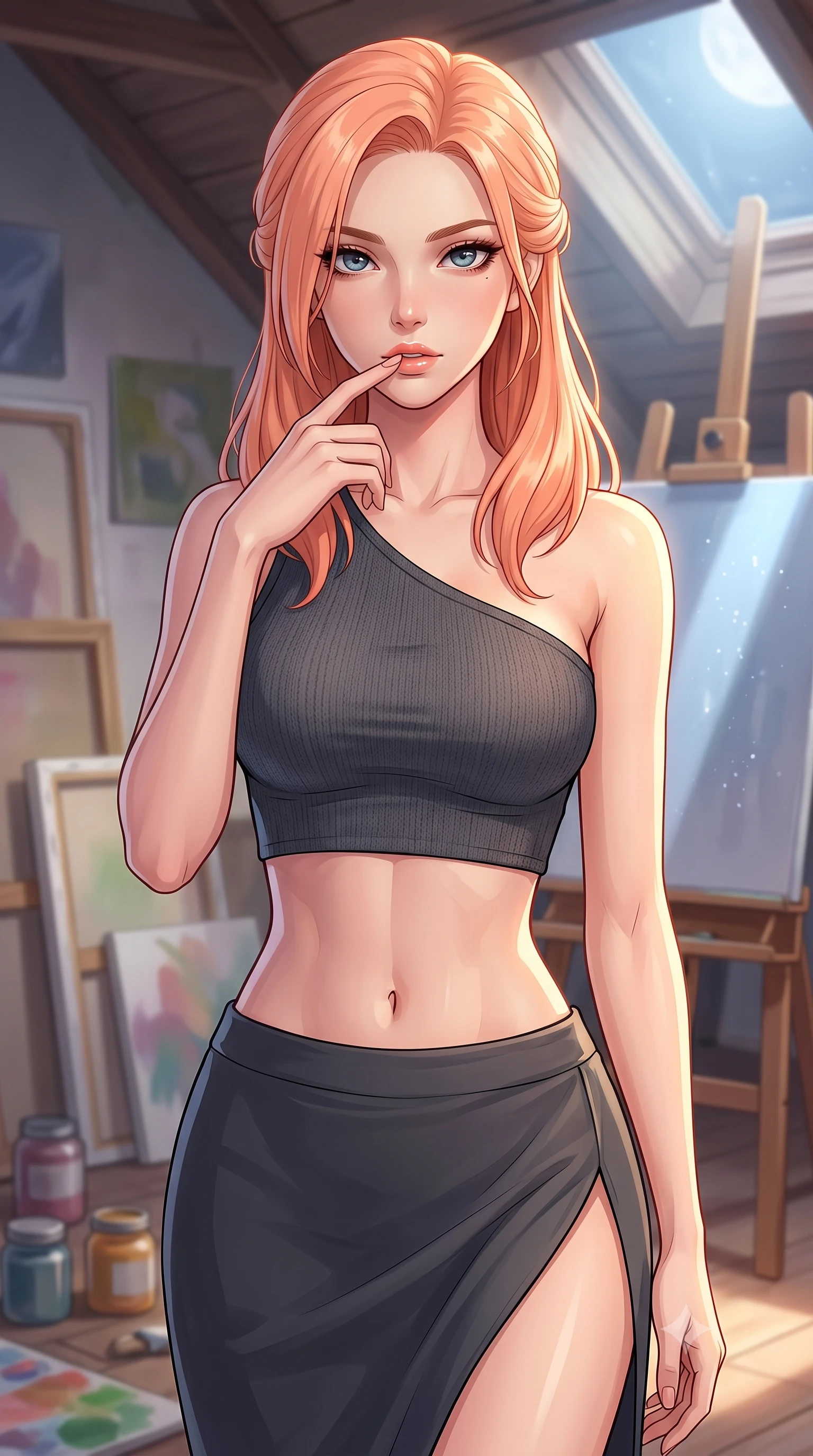 score_9, masterpiece, best quality, ultra-detailed, high-budget anime keyframe, tasteful artistic composition, Japanese woman. close-up cowboy shot from the waist and thighs up, the character dominates the composition, filling the frame with her large presence, background elements kept in soft focus. pressing one finger to her bottom lip in a thoughtful, seductive gesture under the warm sun the background shows a soft-focus an artist's attic studio filled with canvases, paint jars, and a wooden easel near a skylight. She has an exceptionally elegant, slender, and willowy female figure with an ultra-slim waist, a gracefully sculpted slender torso, and a refined silhouette. sharp v-shaped jawline, high-bridge nose, intricate jewel-like eyes with depth, thick eyelashes, glossy lips with a natural sheen. wearing a form-contouring asymmetric one-shoulder crop top in charcoal knit, paired with a high-slit skirt. cool silver moonlight filtering through the skylight, painting the canvas in a soft wash. highly saturated vibrant anime colors, cel-shading, 2d style, master piece, 9:16 ratio