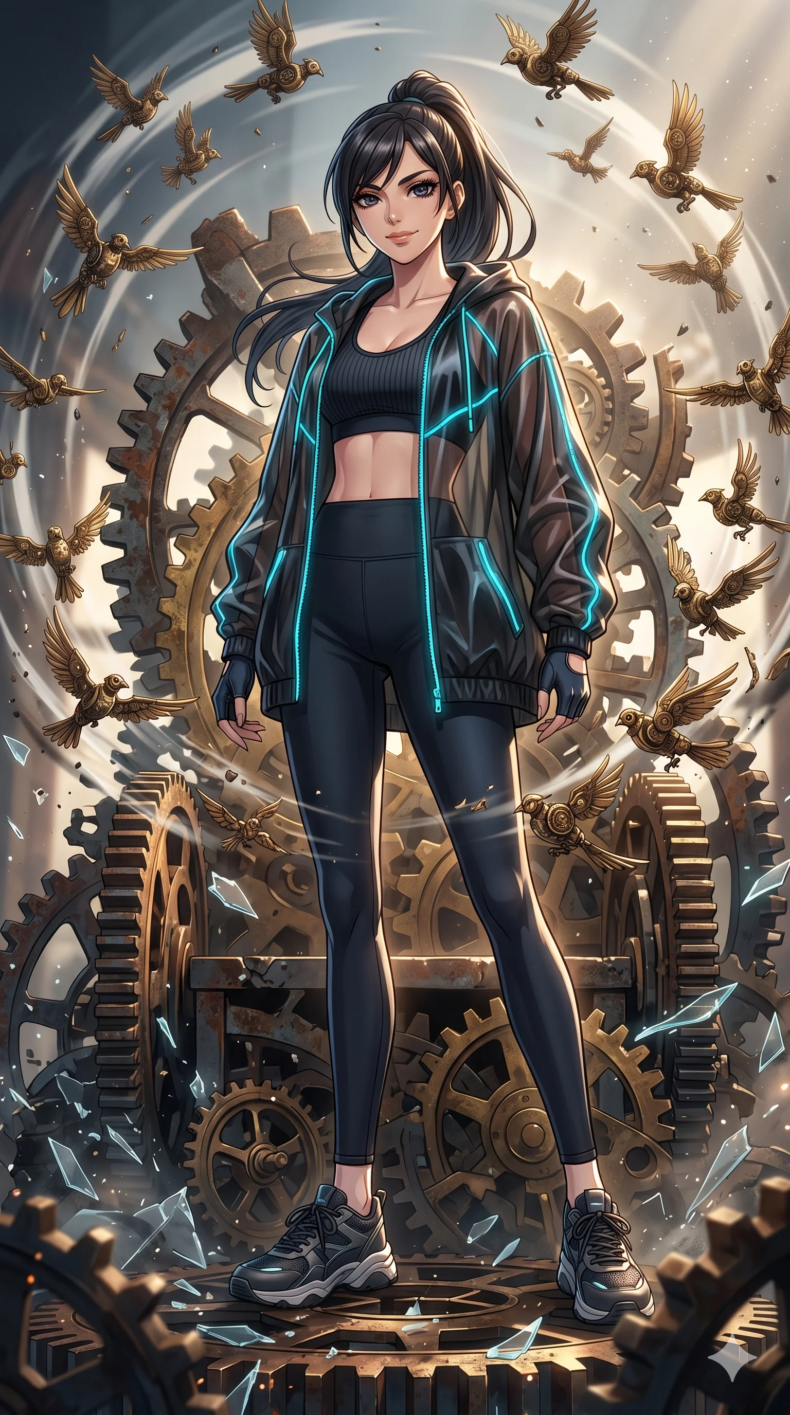 score_9, masterpiece, best quality, ultra-detailed, Set A: High-budget Anime Keyframe, Japanese woman. Low angle cowboy shot filling the entire 9:16 frame with her statuesque presence. Standing victoriously through a throne of gears, surrounded by a whirlwind of 192 mechanical birds and surrounded by shattered glass fragments. She has an absolutely perfect 8-heads proportion, an exceptionally tall and slender female figure with impossibly long slender legs and an ultra-slim waist. Sharp v-shaped jawline, high-bridge nose, intricate jewel-like eyes with depth, thick eyelashes, glossy lips with a natural sheen. Wearing Athleisure set with a ribbed sports bra, sheer windbreaker, and glowing energy seams. Cinematic lighting, vibrant colors, dramatic shadows, 2k, ultra detail, master piece, 9:16 ratio