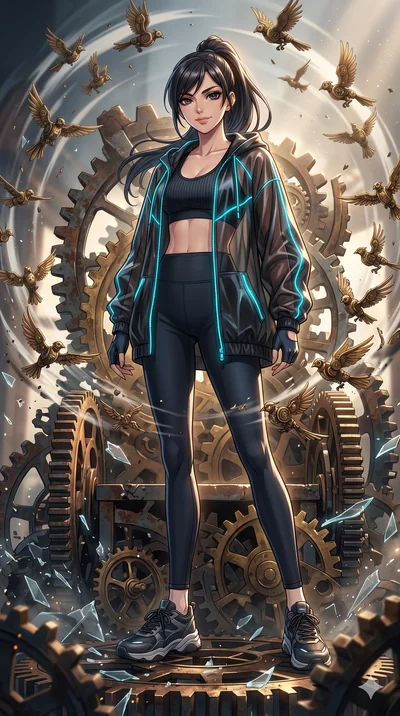 score_9, masterpiece, best quality, ultra-detailed, Set A: High-budget Anime Keyframe, Japanese woman. Low angle cowboy shot filling the entire 9:16 frame with her statuesque presence. Standing victoriously through a throne of gears, surrounded by a 