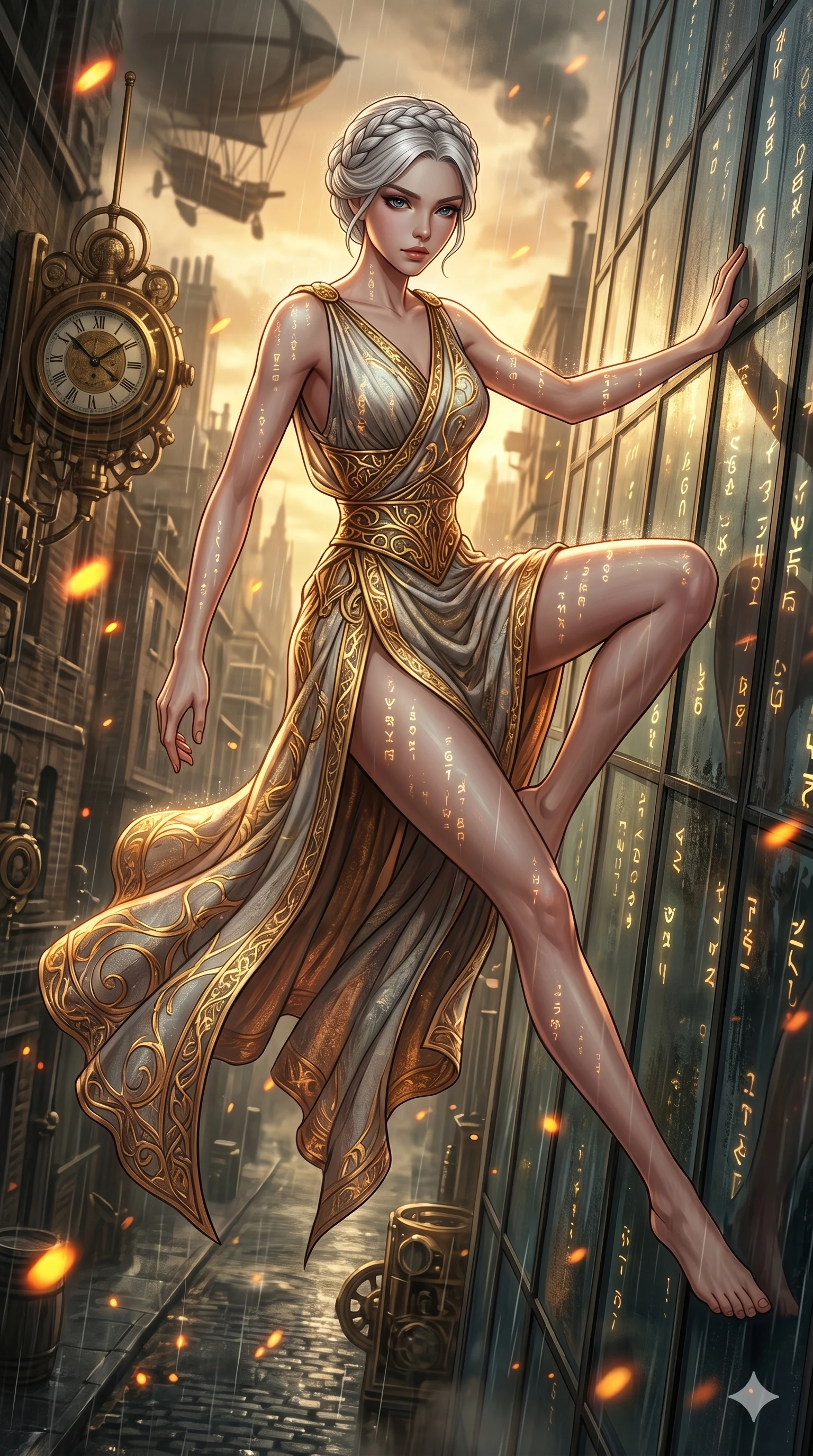 score_9, masterpiece, best quality, ultra-detailed, Set A: High-budget Anime Keyframe, Korean woman. Upper body close-up from the thighs up, character filling the screen for maximum presence. Theme: Urban Decay. sliding down a glass skyscraper in a steampunk London alleyway, as a digital rain of 167 symbols washes over her. The atmosphere is filled with golden hour with floating embers. She has an absolutely perfect 8-heads proportion, an exceptionally tall and slender female figure with impossibly long slender legs and an ultra-slim waist. Sharp v-shaped jawline, high-bridge nose, intricate jewel-like eyes with depth, glossy lips. Wearing Ancient Roman-style tech-toga with glowing gold filigree and a high side slit. Cinematic lighting, vivid colors, dramatic shadows, 2k, ultra detail, master piece, 9:16 ratio