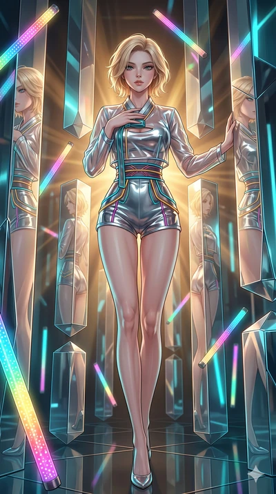 score_9, masterpiece, best quality, ultra-detailed, high-budget anime keyframe, Japanese woman. low angle full-body shot filling the entire 9:16 frame with her statuesque presence, stretching the vertical silhouette. navigating a kinetic light-sculpt