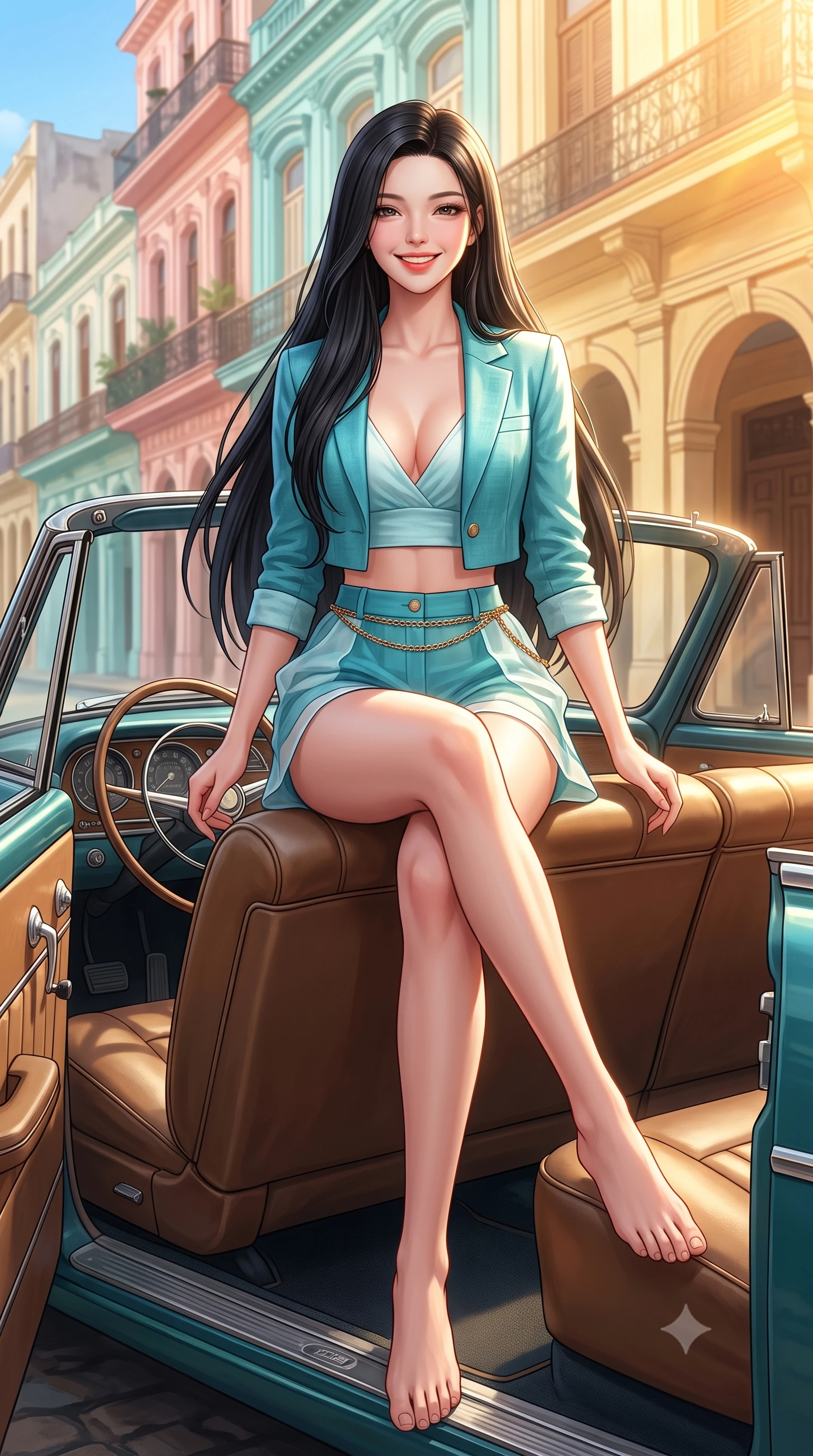 score_9, masterpiece, best quality, ultra-detailed, high-budget anime keyframe, semi-realistic 3D game render, editorial fashion photography, tasteful artistic composition, Korean woman. low angle full-body shot from head to toe showing her feet, filling the entire 9:16 vertical frame with her statuesque presence, stretching her vertical silhouette. stepping forward gracefully in mid-motion with a radiant beaming smile, hips swaying in an alluring kinetic rhythm that accentuates her curvy hourglass silhouette and long slender legs while sitting perched on the car's leather upholstery with legs crossed, her flat midriff and feminine hips highlighted by vibrant Caribbean sunlight. The surrounding environment is rendered in vivid detail and crisp panoramic clarity. detailed linen sundress weave, tropical sun glints on skin, and Old Havana street architecture in high resolution. She has an exceptionally tall and slender model-like 8.5-heads proportion, an ultra-slim waist, a flat toned midriff, narrow delicate ribcage, and beautifully sculpted feminine hips creating a graceful, slim hourglass silhouette without any bulky heaviness, with impossibly long slender legs. sharp v-shaped jawline, high-bridge nose, intricate jewel-like sparkling eyes with depth, thick eyelashes, glossy parted lips with a natural peach sheen, bright cheerful beaming smile with an enchanting and coquettish sensual glint, exuding both youthful cute charm and seductive allure, flawlessly proportioned anatomical accuracy, strict slender model proportions, natural body alignment, perfectly sculpted long slender limbs, ultra-slim waistline, clean dynamic posture without body distortion. wearing a chic cropped linen blazer worn with a plunging-V camisole and high-waisted tailored hot-pants showcasing her long slender legs in ocean turquoise and sea-salt white, woven from layered gossamer organza with weightless flutter, accented with a delicate gold chain belt resting loosely on her curvy hips, the form-contouring cut accentuating her sculpted flat midriff, narrow delicate ribcage, and gracefully curvy hips with supermodel precision. bathed in intense golden afternoon Caribbean sunlight washing over pastel building facades. highly saturated vibrant anime colors, detailed shading with soft gradients, rich glossy textures, high-contrast stereoscopic depth, volumetric dynamic lighting, master piece, 9:16 ratio