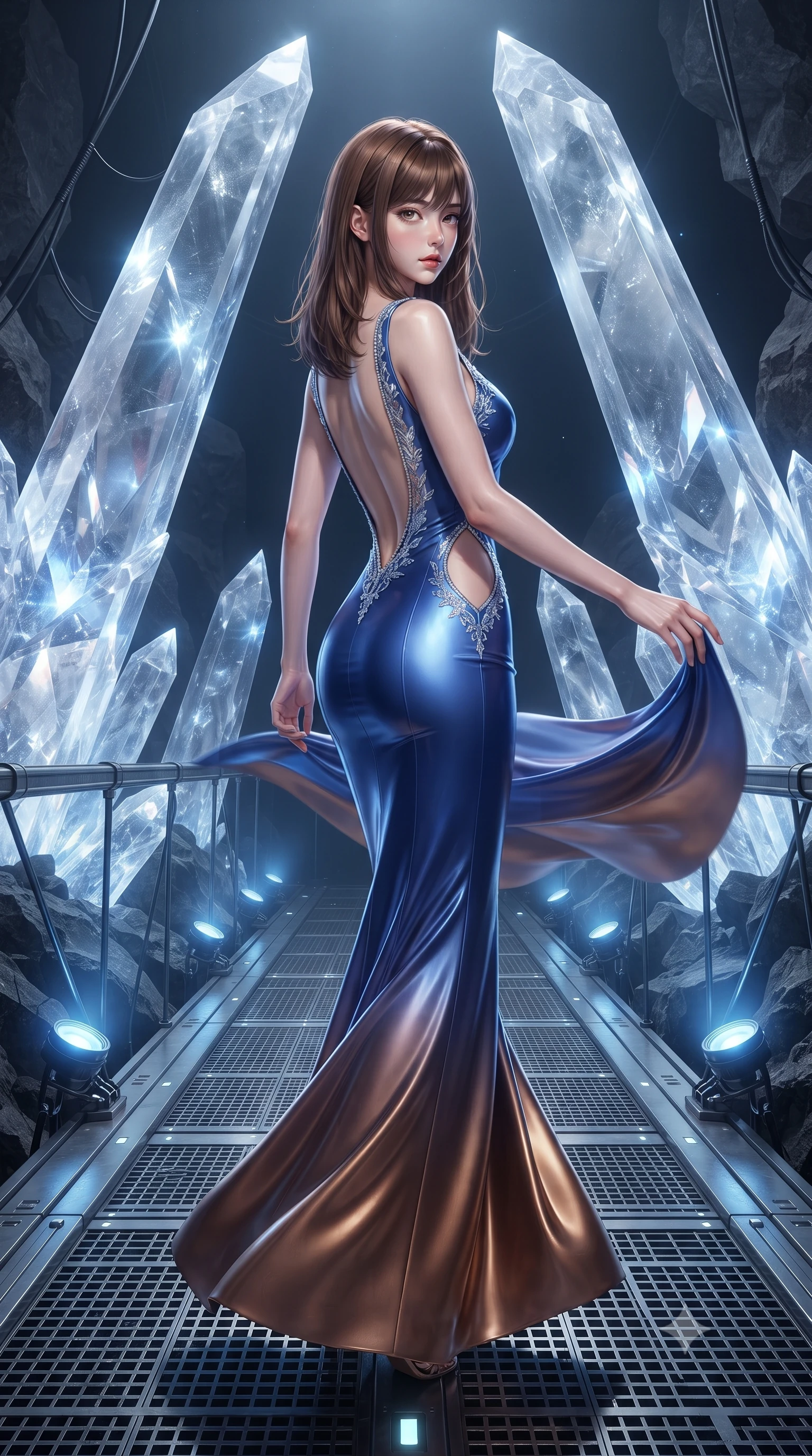 score_9, masterpiece, best quality, ultra-detailed, high-budget anime keyframe, editorial fashion photography, tasteful artistic composition, Korean woman. low angle full-body shot from head to toe showing her feet, filling the entire 9:16 vertical frame with her statuesque presence, stretching her vertical silhouette. executing an elegant mid-motion pivot turn as garments swirl around her slender limbs, glancing over her shoulder with an intoxicating bedroom-gaze while standing on a suspended high-tech walkway between colossal translucent selenite crystal spires, arching her back as blue research spotlights illuminate their inner glow. The surrounding environment is rendered in vivid detail and crisp panoramic clarity. sharp crystal facet cleavages, basalt rock fractures, and titanium gantry bolt seams in deep focus. She has an exceptionally tall and slender model-like 8.5-heads proportion, an ultra-slim waist, a flat toned midriff, narrow delicate ribcage, and beautifully sculpted feminine hips creating a graceful, slim hourglass silhouette without any bulky heaviness, with impossibly long slender legs. sharp v-shaped jawline, high-bridge nose, intricate jewel-like eyes with depth, thick eyelashes, glossy parted lips with a natural sheen, intensely captivating and seductive bedroom-eyes expression, flawlessly proportioned anatomical accuracy, strict slender model proportions, natural body alignment, perfectly sculpted long slender limbs, ultra-slim waistline, clean dynamic posture without body distortion. wearing a liquid-silk jersey evening gown with an ultra-deep plunging open back descending to the base of her spine and a sculpted hip-hugging skirt in royal sapphire blue and liquid bronze, tailored from second-skin aerodynamic stretch vinyl with specular wet sheen, finished with delicate crystal frost embroidery tracing the plunging neckline, the precision-cut side openings and low-back scoop framing her graceful spine and the sensual sweep of her slim, toned hips. illuminated by dazzling crystal facet reflections sharply defining her sculpted collarbones, ultra-slim waist, and curvy hips. ultra-reflective glossy finish, specular highlights, rich textural contrasts, high-contrast stereoscopic depth, volumetric dynamic lighting, 2k, ultra detail, master piece, 9:16 ratio