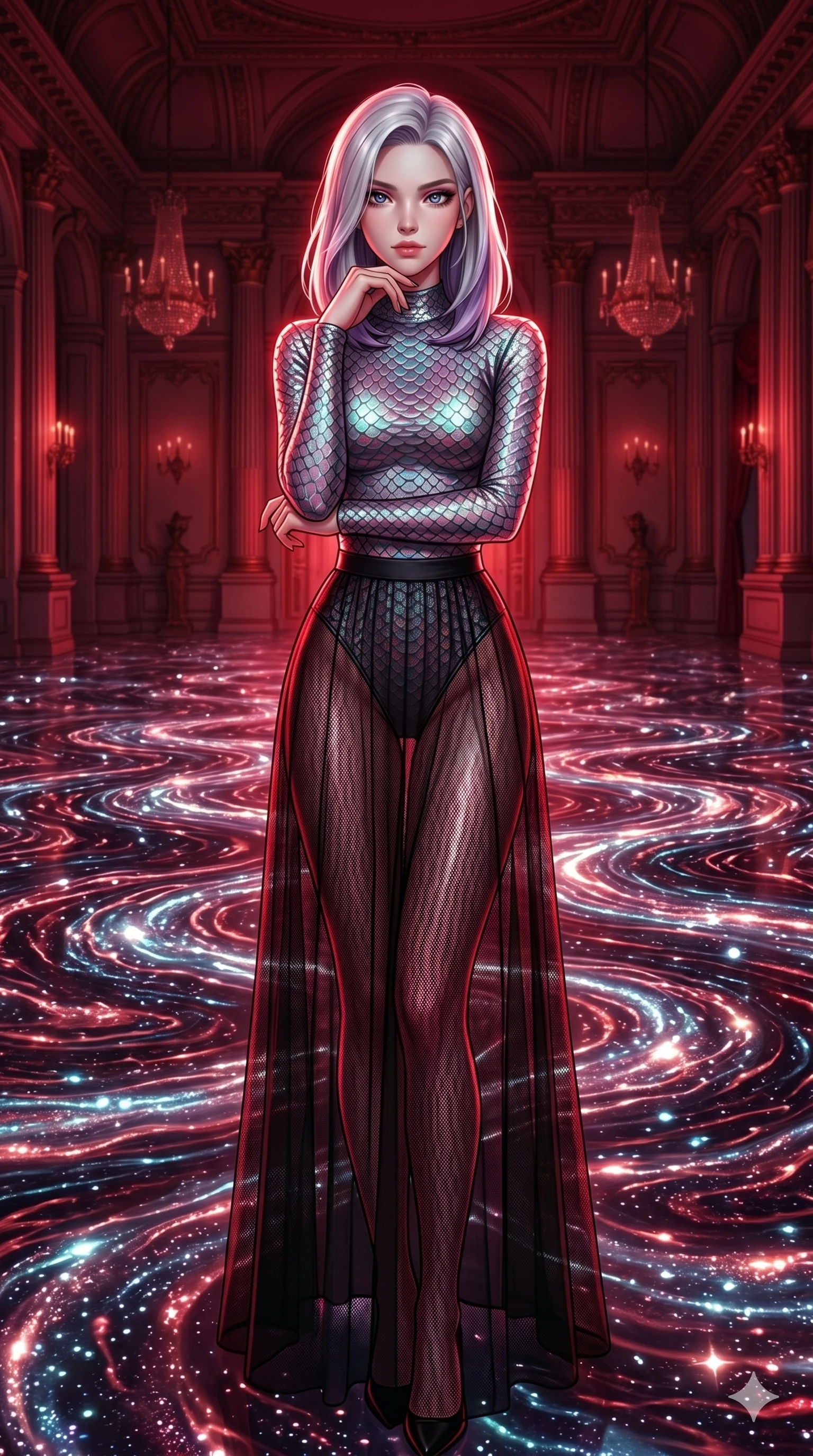 score_9, masterpiece, best quality, ultra-detailed, high-budget anime keyframe, editorial fashion photography, tasteful artistic composition, Caucasian woman, strictly human ears. cowboy shot from the thighs up, character and outfit filling the frame for maximum editorial presence. Resting her chin on the backs of her fingers in a confident pose inside a grand ballroom where the floor is made of liquid starlight that ripples as she walks. She has an absolutely perfect 8-heads proportion, an exceptionally tall and slender female figure with impossibly long slender legs and an ultra-slim waist. V-shaped jawline, high-bridge nose, intricate jewel-like eyes with depth, thick eyelashes, glossy lips with a natural sheen. wearing a long-sleeve bodysuit in iridescent scale-textured fabric with a mock neck, paired with a semi-opaque black mesh maxi skirt with a solid under-layer. drenched in deep crimson theatrical lighting with sharp specular highlights on every curve. 2k, ultra detail, master piece, 9:16 ratio