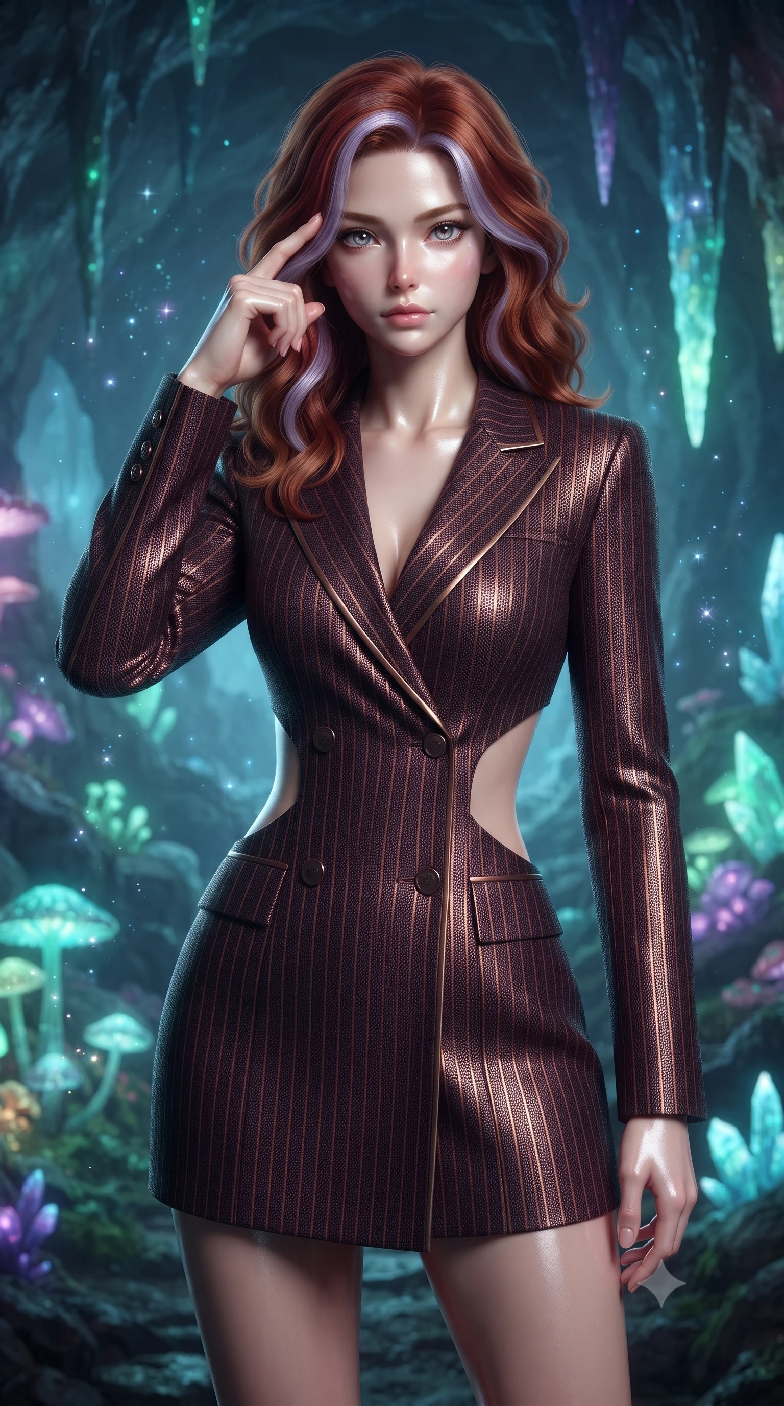 score_9, masterpiece, best quality, ultra-detailed, high-budget anime keyframe, editorial fashion photography, tasteful artistic composition, Caucasian woman. close-up cowboy shot from the waist and thighs up, the character dominates the composition, filling the frame with her large presence, background elements kept in soft focus. Pressing two fingers to her temple in a composed thoughtful gesture with an air of magnetic charisma navigating a cavern filled with bioluminescent fungi and crystalline stalactites, glowing mineral dust shimmering like stars in the quiet cavern air. She has an exceptionally elegant, slender, and willowy female figure with an ultra-slim waist, a gracefully sculpted slender torso, and a refined silhouette. sharp v-shaped jawline, high-bridge nose, intricate jewel-like eyes with depth, thick eyelashes, glossy lips with a natural sheen. wearing a double-breasted blazer dress with metallic pin-stripes in deep burgundy and bronze, made of fine carbon-fiber weave and soft matte leather, featuring clean architectural cutouts along her slender torso, the sleek second-skin texture accentuating her magnetic presence. surrounded by a cool jewel-toned luminescence with bright specular rim lights. ultra-reflective glossy finish, specular highlights, metallic sheen, high-contrast stereoscopic depth, volumetric dynamic lighting, 2k, ultra detail, master piece, 9:16 ratio