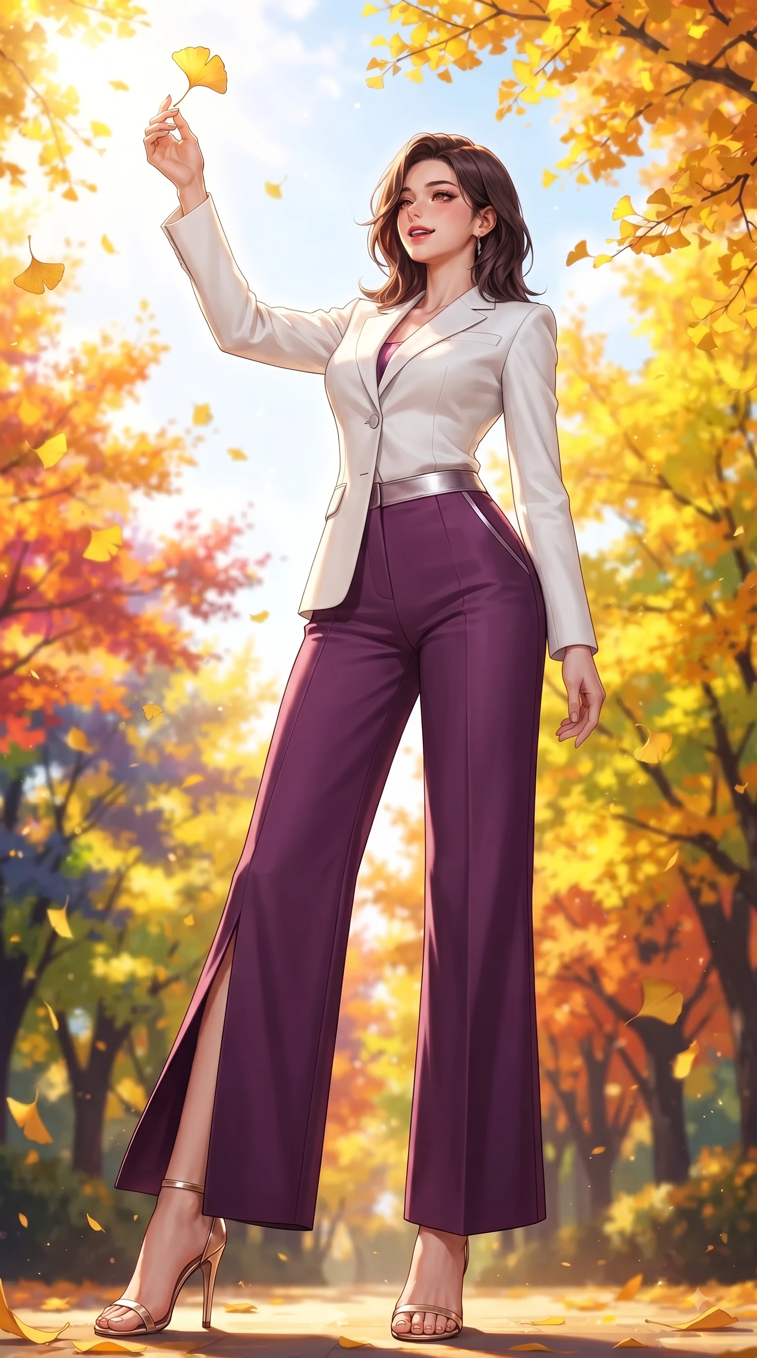 score_9, masterpiece, best quality, ultra-detailed, high-budget anime keyframe, editorial fashion photography, tasteful artistic composition, Korean woman. low angle full-body shot from head to toe showing her feet, filling the entire 9:16 vertical frame with her statuesque presence, stretching her vertical silhouette. Sensual alluring expression with smoldering intensity, half-closed bedroom eyes, and softly parted glossy lips while reaching up playfully to catch a golden ginkgo leaf in mid-air with a joyful smile. The surrounding environment is rendered in vivid detail and crisp panoramic clarity. vibrant autumn sunlight scattering through golden leaves with high environmental clarity. She has an absolutely perfect, statuesque 8.5-heads proportion, an exceptionally tall and slender model-like female figure with impossibly long slender legs and an ultra-slim waist. sharp v-shaped jawline, high-bridge nose, intricate jewel-like eyes with depth, thick eyelashes, glossy lips with a natural sheen, flawlessly proportioned anatomical accuracy, natural body alignment, perfectly sculpted elegant limbs, clean dynamic posture without body distortion. wearing a crisp monochrome white tailored suit jacket paired with wide-leg trousers in rich plum violet and metallic platinum, tailored from structured wool crepe with clean lines, finished with a sleek side slit ascending to mid-thigh, the sleek second-skin fit accentuating her magnetic presence. illuminated by bright glowing yellow ambient light and clear sky refractions. ultra-reflective glossy finish, specular highlights, metallic sheen, high-contrast stereoscopic depth, volumetric dynamic lighting, 2k, ultra detail, master piece, 9:16 ratio