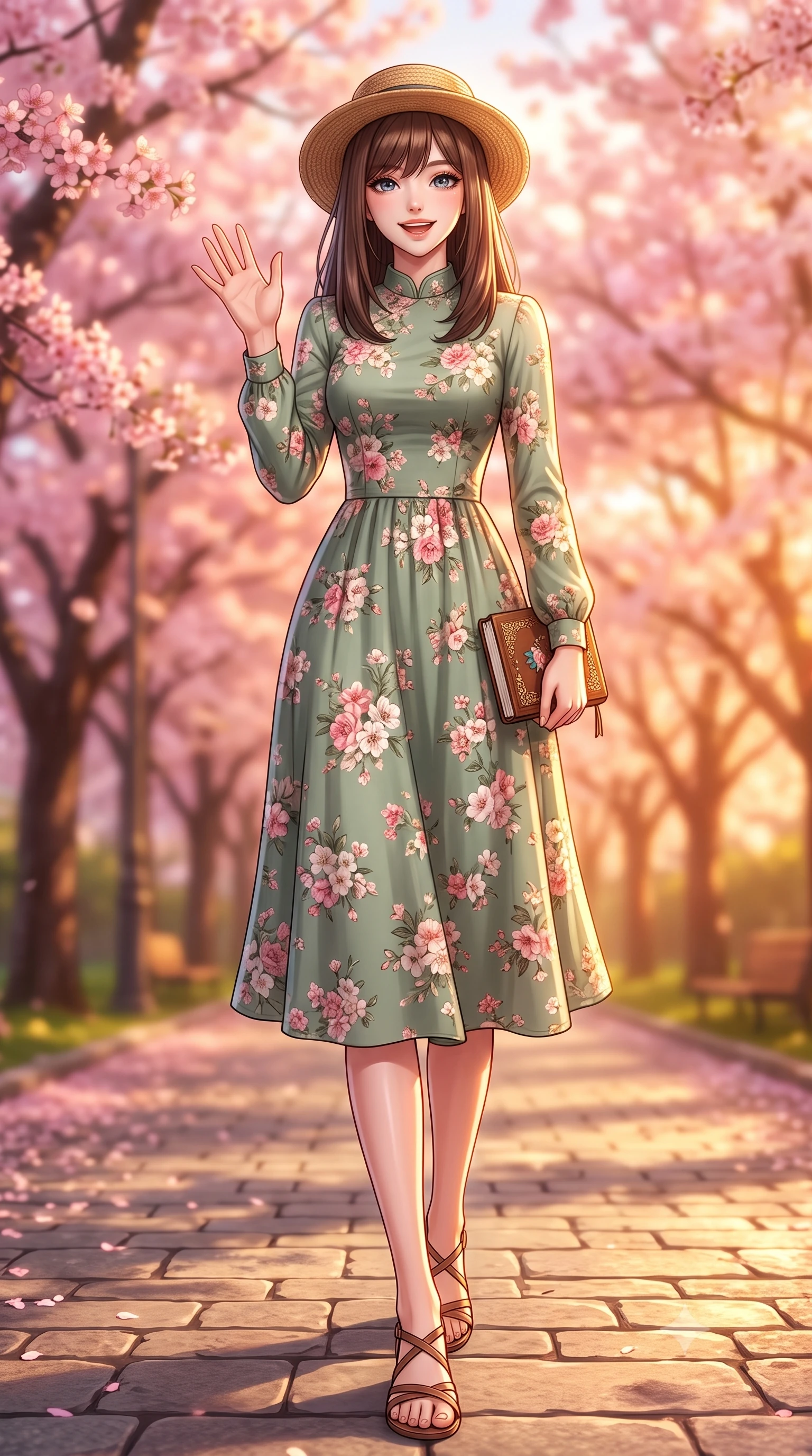 score_9, masterpiece, best quality, ultra-detailed, high-budget anime keyframe, editorial fashion photography, tasteful artistic composition, Korean woman. low angle full-body shot from head to toe showing her feet, filling the entire 9:16 vertical frame with her statuesque presence, stretching her vertical silhouette. stepping forward with a bright, cheerful smile, waving happily at the viewer set against a soft-focus background of walking down a park path lined with blooming pink cherry blossom trees with a cute straw hat and a small notebook in her hand. She has an absolutely perfect, statuesque 8.5-heads proportion, an exceptionally tall and slender model-like female figure with impossibly long slender legs and an ultra-slim waist. sharp v-shaped jawline, high-bridge nose, intricate jewel-like eyes with depth, thick eyelashes, glossy lips with a natural sheen. wearing slim-fit lovely floral print midi dress in sage green, featuring a high collar and long sleeves. golden hour sunset light casting a warm, romantic orange glow over the field. highly saturated vibrant anime colors, detailed shading with soft gradients, rich glossy textures, high-contrast stereoscopic depth, volumetric dynamic lighting, master piece, 9:16 ratio