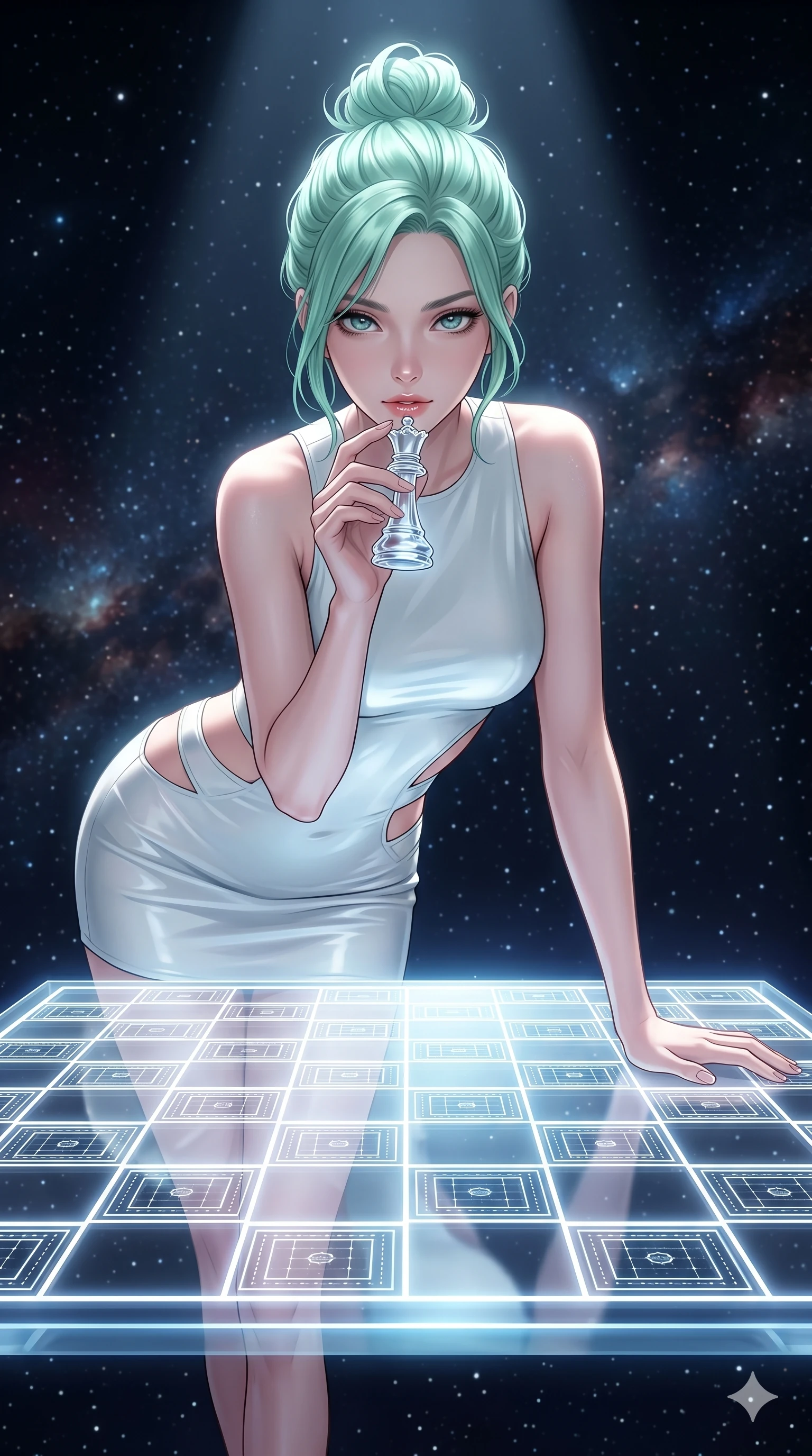 score_9, masterpiece, best quality, ultra-detailed, high-budget anime keyframe, editorial fashion photography, tasteful artistic composition, Japanese woman. Upper body close-up from the thighs up, character filling the screen for maximum presence. She is leaning over a giant glowing glass chess board floating in space. She holds a crystal queen piece near her lips, looking at the camera with a teasing, competitive smolder. She has an absolutely perfect 8-heads proportion, an exceptionally tall and slender female figure with impossibly long slender legs and an ultra-slim waist. V-shaped jawline, high-bridge nose, intricate jewel-like eyes with depth, thick eyelashes, glossy lips with a natural sheen. She is wearing a second-skin fashion-latex mini dress with a clean architectural front, featuring an open-back design that wraps around the sides of her waist, showcasing her slender silhouette. The scene is illuminated by the board's white and blue grids and a sharp overhead spotlight. 2k, ultra detail, master piece, 9:16 ratio