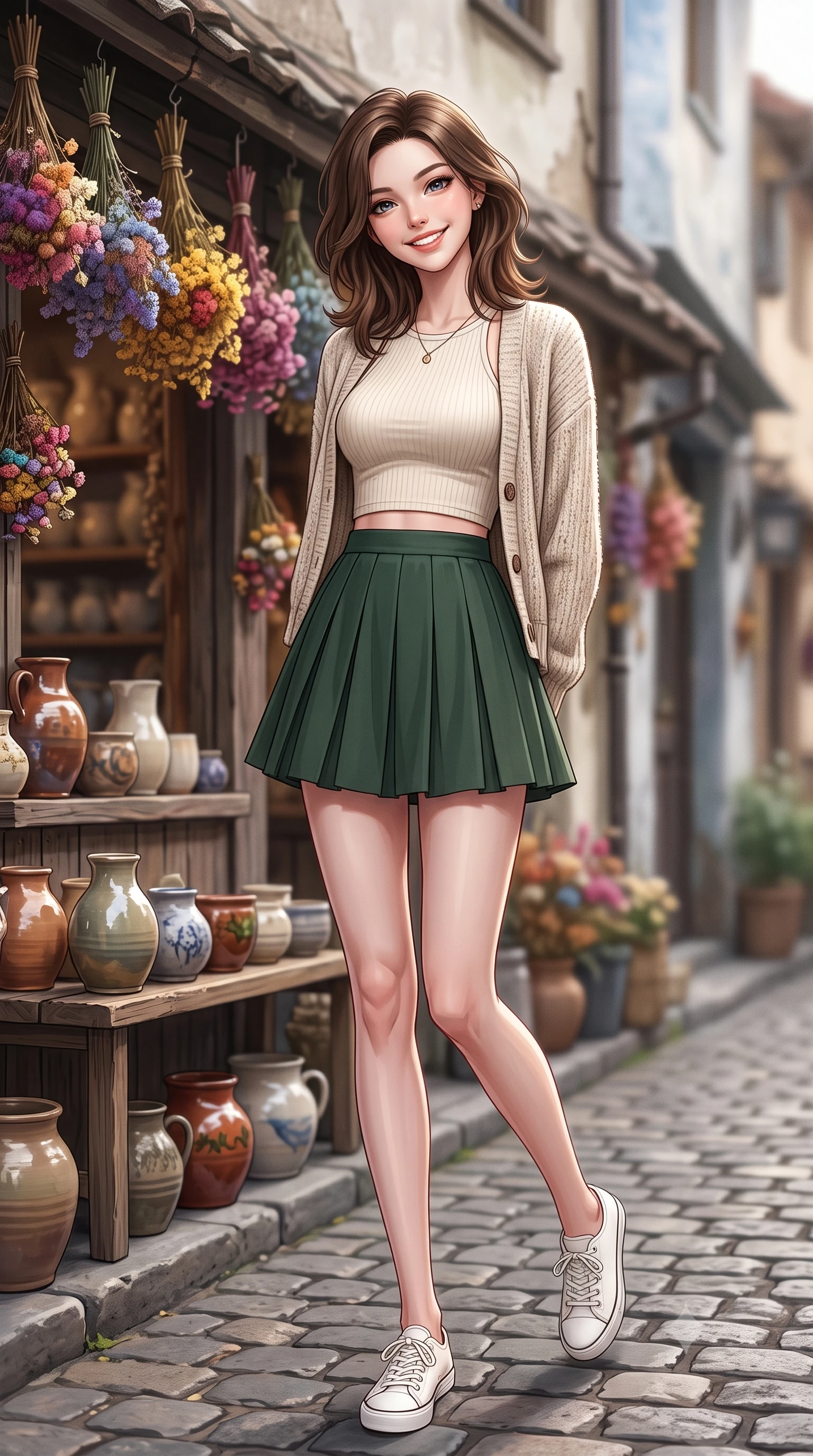 score_9, masterpiece, best quality, ultra-detailed, high-budget anime keyframe, editorial fashion photography, tasteful artistic composition, Korean woman. low angle full-body shot from head to toe showing her feet, filling the entire 9:16 vertical frame with her statuesque presence, stretching her vertical silhouette. standing with a cute, bright pose, tilting her head with a beaming smile set against a soft-focus background of in a narrow cobblestone alley next to a cozy handmade pottery shop with a display of colorful dried flower bouquets hanging from the shop roof. She has an absolutely perfect, statuesque 8.5-heads proportion, an exceptionally tall and slender model-like female figure with impossibly long slender legs and an ultra-slim waist. sharp v-shaped jawline, high-bridge nose, intricate jewel-like eyes with depth, thick eyelashes, glossy lips with a natural sheen. wearing body-hugging crop top under an open knit cardigan, paired with a high-waist pleated A-line skirt. soft diffused daylight creating a warm, cozy and nostalgic atmosphere. ultra-reflective glossy finish, specular highlights, metallic sheen, high-contrast stereoscopic depth, volumetric dynamic lighting, 2k, ultra detail, master piece, 9:16 ratio