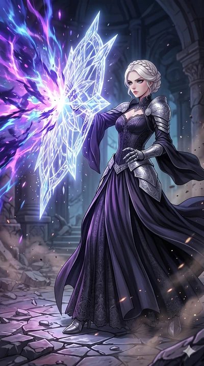 score_9, masterpiece, best quality, ultra-detailed, high-budget anime movie keyframe, cinematic anime lighting, intricate line art, Korean woman. Low angle cowboy shot capturing a powerful motion and statuesque presence. weaving a shield of crystalli