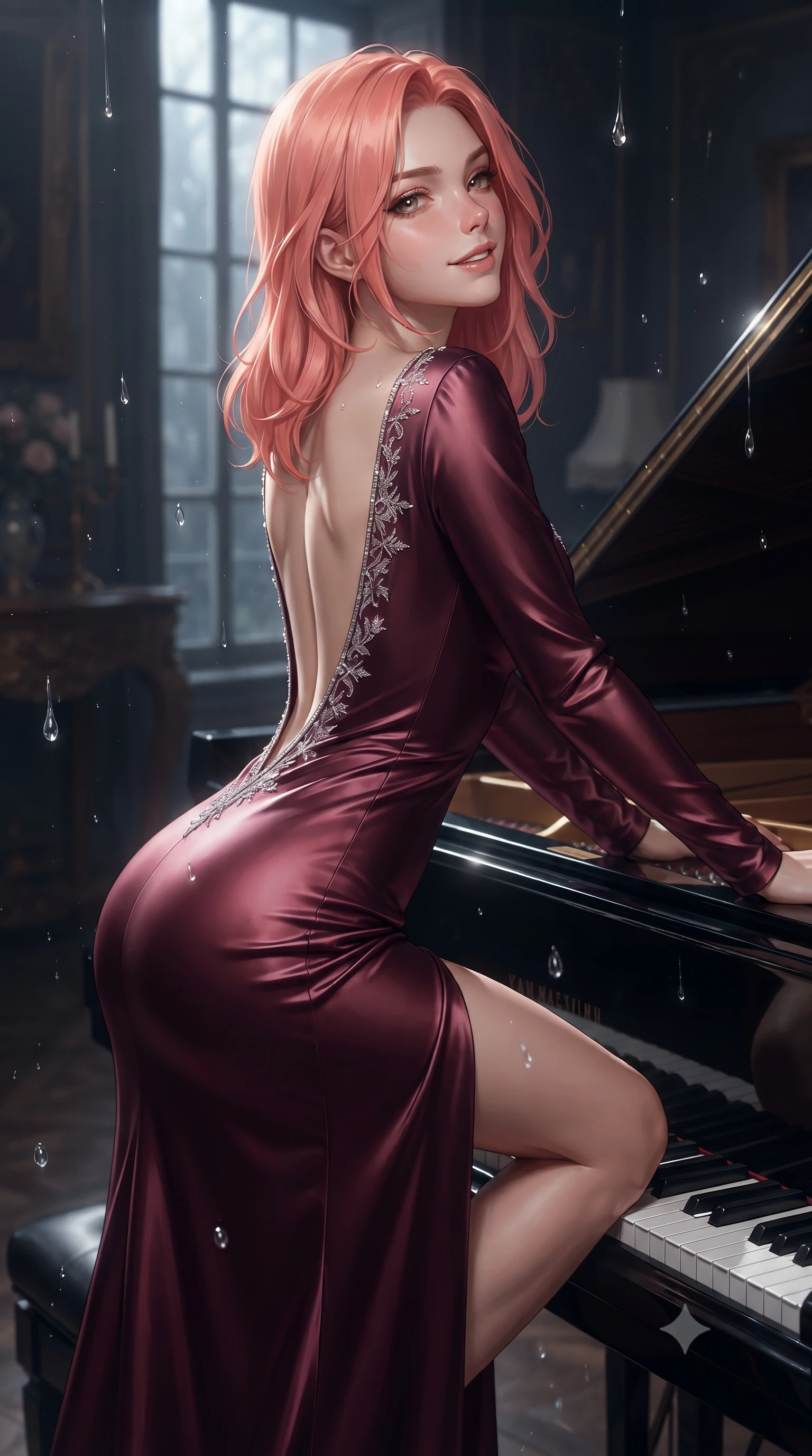 score_9, masterpiece, best quality, ultra-detailed, high-budget anime keyframe, editorial fashion photography, tasteful artistic composition, Japanese woman. close-up cowboy shot from the waist and thighs up, the character dominates the composition, filling the frame with her large presence. turning over a bare shoulder with an intoxicating, teasing smile, her soft hair framing her sharp jawline as her hips angle gracefully while stretching languidly on the piano lid with one knee raised and head tilted back in musical ecstasy, moonlight tracing her throat and hips. The composition keeps background elements in soft focus with creamy bokeh. streaming glass raindrop tracks and crystal glass refractions scattering melancholic light motes. She has an exceptionally elegant, slender, and willowy female figure with an ultra-slim waist, a gracefully sculpted slender torso, toned flat midriff, and rounded feminine hips creating an alluring hourglass silhouette. sharp v-shaped jawline, high-bridge nose, intricate jewel-like eyes with depth, thick eyelashes, glossy parted lips with a natural sheen, intensely captivating and seductive bedroom-eyes expression, flawlessly proportioned anatomical accuracy, strict slender model proportions, natural body alignment, perfectly sculpted long slender limbs, ultra-slim waistline, clean dynamic posture without body distortion. wearing a liquid silk jersey evening gown with an ultra-deep plunging open back descending to the base of her spine and a sculpted hip-hugging skirt in deep royal wine burgundy and liquid bronze, tailored from ultra-smooth duchess satin with a pearlescent sheen, finished with delicate crystal frost embroidery tracing the plunging neckline, the glove-like aerodynamic silhouette tightly following the natural contour of her hips and long slender legs with statuesque precision. illuminated by sleek metallic reflections sculpting her sculpted collarbones, ultra-slim waist, and curvy hips. ultra-reflective glossy finish, specular highlights, rich textural contrasts, high-contrast stereoscopic depth, volumetric dynamic lighting, 2k, ultra detail, master piece, 9:16 ratio