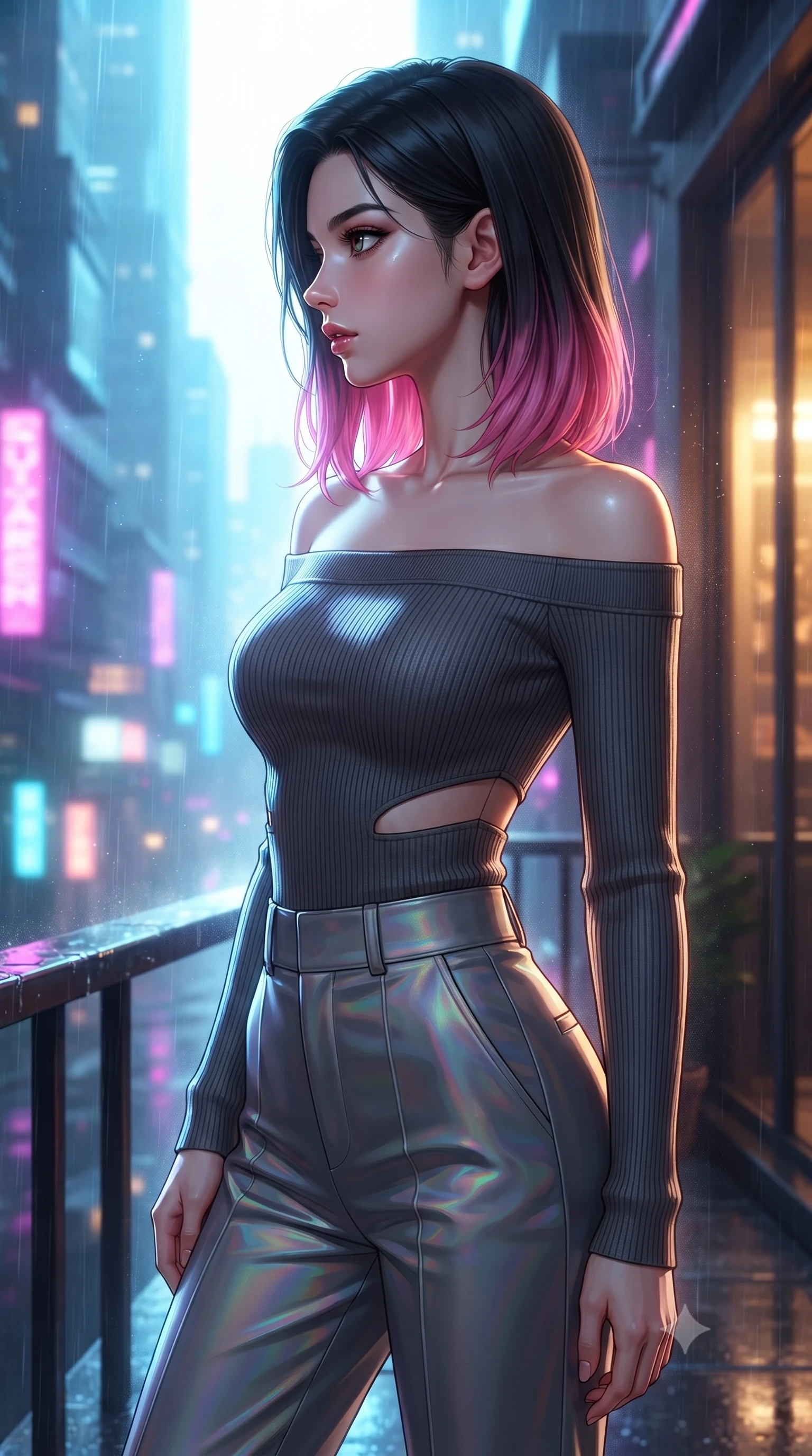 score_9, masterpiece, best quality, ultra-detailed, high-budget anime keyframe, editorial fashion photography, tasteful artistic composition, Korean woman. close-up cowboy shot from the waist and thighs up, the character dominates the composition, filling the frame with her large presence, background elements kept in soft focus. Turning her face in sharp dramatic profile against the bright light, showcasing her sharp v-shaped jawline poised on a rain-slicked balcony overlooking a glowing futuristic metropolis, soft mist scattering vibrant magenta and cyan neon rim light around her form. She has an exceptionally elegant, slender, and willowy female figure with an ultra-slim waist, a gracefully sculpted slender torso, and a refined silhouette. sharp v-shaped jawline, high-bridge nose, intricate jewel-like eyes with depth, thick eyelashes, glossy lips with a natural sheen. wearing a sleek off-shoulder ribbed knit top paired with high-waist tailored pants in charcoal grey and platinum, crafted from iridescent chiffon that shifts colors in the light, featuring subtle geometric cutouts that highlight her ultra-slim midriff, the glove-like fit emphasizing her statuesque silhouette. illuminated by warm indoor golden amber light and cool rainy blue neon rim light. ultra-reflective glossy finish, specular highlights, metallic sheen, high-contrast stereoscopic depth, volumetric dynamic lighting, 2k, ultra detail, master piece, 9:16 ratio