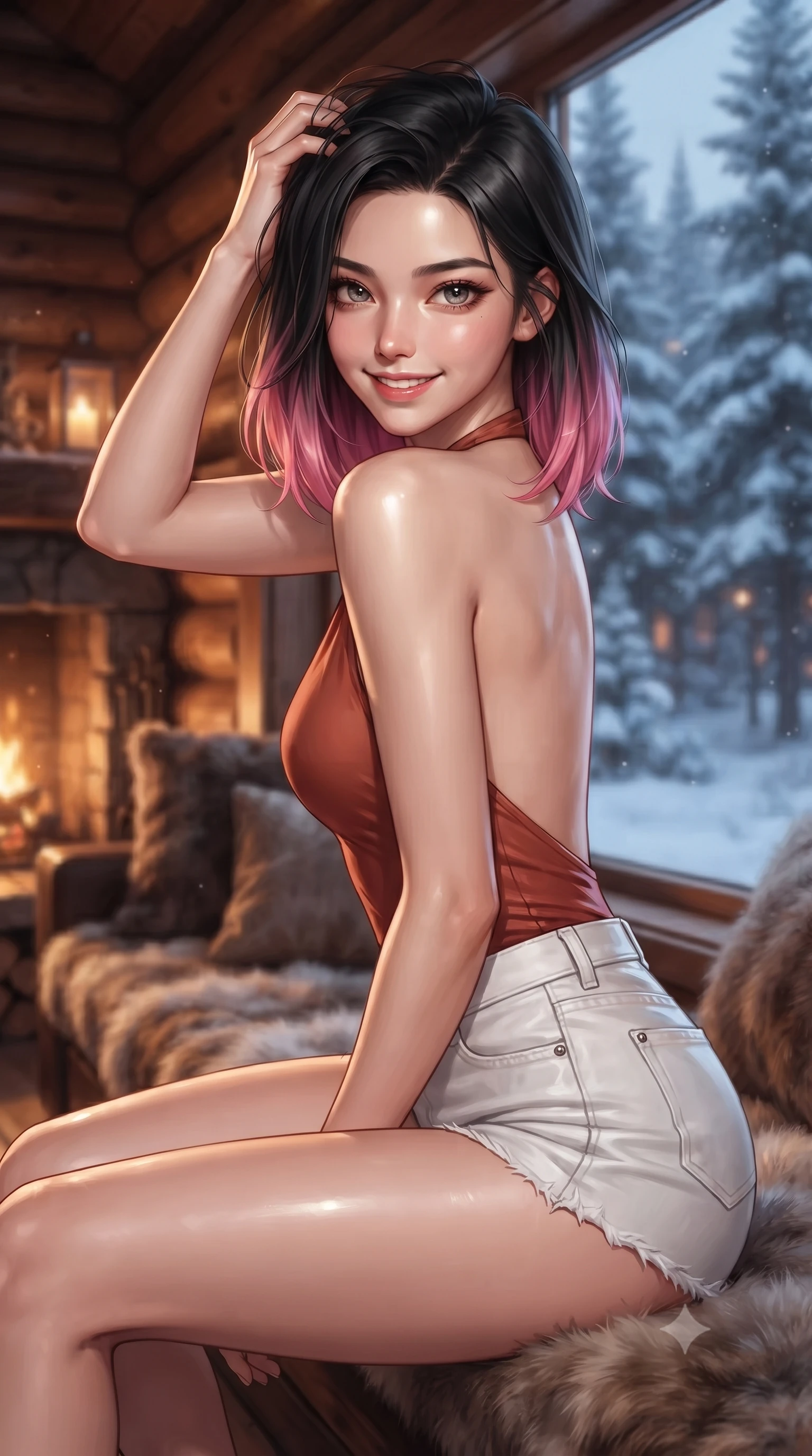 score_9, masterpiece, best quality, ultra-detailed, high-budget anime keyframe, editorial fashion photography, tasteful artistic composition, Korean woman. close-up cowboy shot from the waist and thighs up, the character dominates the composition, filling the frame with her large presence, background elements kept in soft focus. smiling with quiet, magnetic self-assurance directly into the camera, running a hand through her hair the background shows a soft-focus a cozy window seat of a luxury log cabin overlooking snowy pine woods at dusk. She has an exceptionally elegant, slender, and willowy female figure with an ultra-slim waist, a gracefully sculpted slender torso, and a refined silhouette. sharp v-shaped jawline, high-bridge nose, intricate jewel-like eyes with depth, thick eyelashes, glossy lips with a natural sheen. wearing a body-hugging backless halter top in terracotta red, paired with white denim micro-shorts. warm fireplace light contrasting with the cool blue snow-reflected daylight. ultra-reflective glossy finish, specular highlights, metallic sheen, high-contrast stereoscopic depth, volumetric dynamic lighting, 2k, ultra detail, master piece, 9:16 ratio