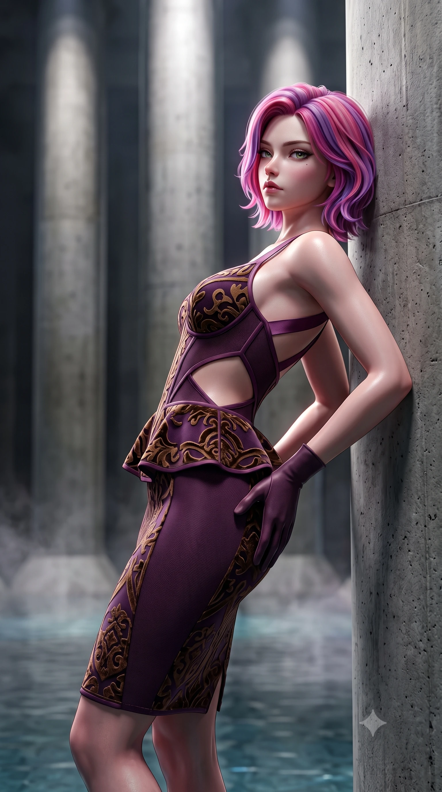 score_9, masterpiece, best quality, ultra-detailed, high-budget anime keyframe, semi-realistic 3D game render, editorial fashion photography, tasteful artistic composition, Caucasian woman. close-up cowboy shot from the waist and thighs up, the character dominates the composition, filling the frame with her large presence. arching her spine backward with effortless dancer poise, one hand sliding along her hip line as directional light carves specular highlights along her silhouette while leaning against a colossal concrete column with hips cocked back, casting a cool, mysterious bedroom-gaze into the echoing cavernous space. The composition keeps background elements in soft focus with creamy bokeh. water surface sheen on the vast cistern floor and rising subterranean mist softened in monumental minimalist shallow focus. She has an exceptionally elegant, slender, and willowy female figure with an ultra-slim waist, flat toned midriff, narrow ribcage, and sculpted feminine hips creating an alluring, slim hourglass silhouette without bulk. sharp v-shaped jawline, high-bridge nose, intricate jewel-like eyes with depth, thick eyelashes, glossy parted lips with a natural sheen, intensely captivating and seductive bedroom-eyes expression, flawlessly proportioned anatomical accuracy, strict slender model proportions, natural body alignment, perfectly sculpted long slender limbs, ultra-slim waistline, clean dynamic posture without body distortion. wearing a modern peplum corset dress with side-waist diamond cutouts and an ultra-tight silhouette in deep plum violet and antique bronze, made of sheer contouring power-mesh with velvet flocking patterns, finished with criss-cross back satin straps highlighting her graceful shoulder blades, the glove-like aerodynamic silhouette tightly following the natural contour of her hips and long slender legs with statuesque 8.5-heads elegance. bathed in dramatic architectural floodlights beaming down between giant pillars creating high-contrast chiaroscuro. highly saturated vibrant anime colors, detailed shading with soft gradients, rich glossy textures, high-contrast stereoscopic depth, volumetric dynamic lighting, master piece, 9:16 ratio