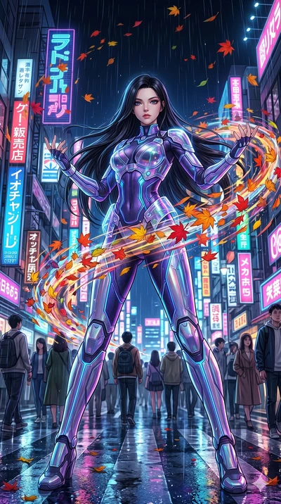 score_9, masterpiece, best quality, ultra-detailed, Set C: High-budget Anime Keyframe, Korean woman. Low angle cowboy shot filling the entire 9:16 frame with her statuesque presence. Summoning a vortex of colorful leaves in a futuristic Tokyo street.