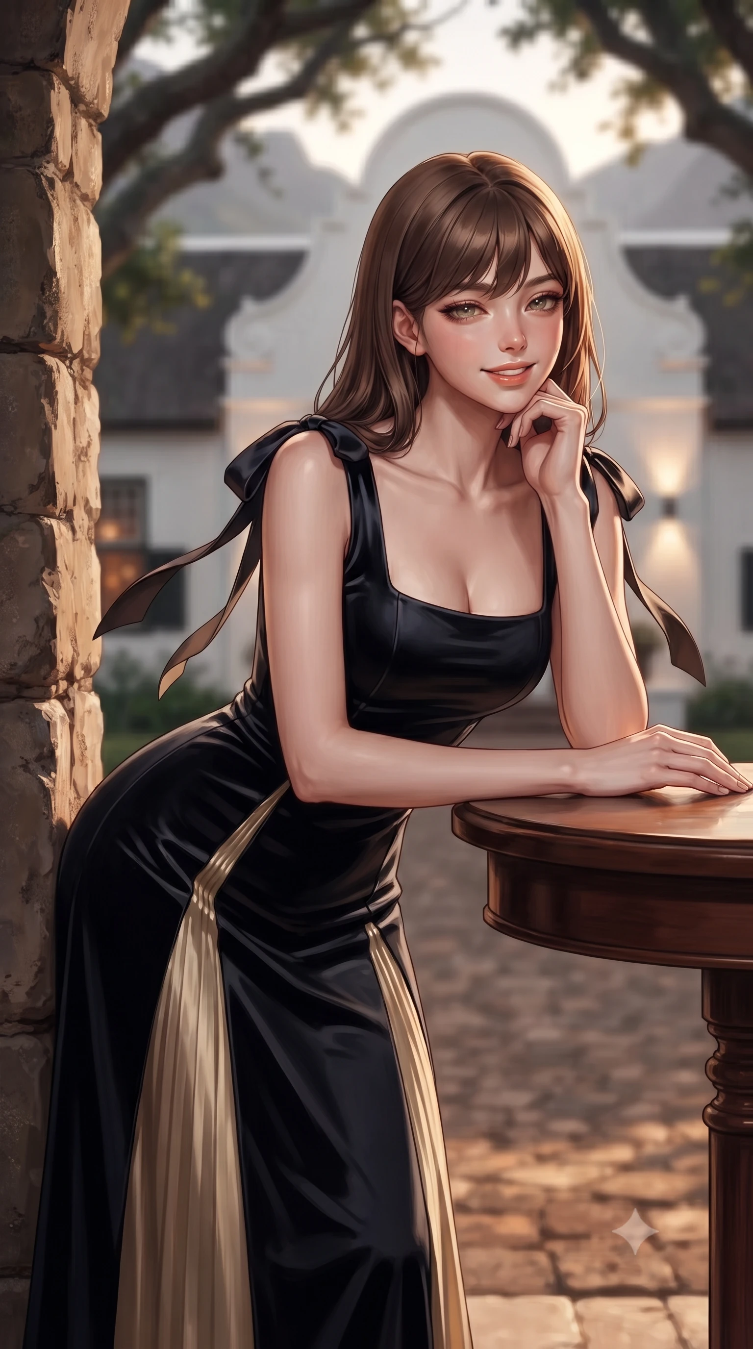 score_9, masterpiece, best quality, ultra-detailed, high-budget anime keyframe, editorial fashion photography, tasteful artistic composition, Korean woman. close-up cowboy shot from the waist and thighs up, the character dominates the composition, filling the frame with her large presence. resting one elbow on the table and supporting her chin, leaning close to the camera with heavy-lidded sparkling eyes and parted lips while leaning against the rustic stone wine cellar entrance with hips cocked back, looking through centuries-old oak branches with heavy-lidded bedroom-eyes. The background shows a soft-focus whitewashed curvilinear gables of the 18th-century manor, gnarled ancient oak canopies, and Franschhoek mountain silhouettes blurred into ivory, emerald, and charcoal bokeh. She has an exceptionally elegant, slender, and willowy female figure with an ultra-slim waist, flat toned midriff, narrow ribcage, and sculpted feminine hips creating an alluring, slim hourglass silhouette without bulk. sharp v-shaped jawline, high-bridge nose, intricate jewel-like sparkling eyes with depth, thick eyelashes, glossy parted lips with a natural peach sheen, bright cheerful beaming smile with an enchanting and coquettish sensual glint, exuding both youthful cute charm and seductive allure, flawlessly proportioned anatomical accuracy, strict slender model proportions, natural body alignment, perfectly sculpted long slender limbs, ultra-slim waistline, clean dynamic posture without body distortion. wearing a classical Prague empire-line pleated moiré evening gown with modest square neckline in deep midnight obsidian black and champagne gold, tailored from ultra-plush silk velvet with rich tactile depth and deep shadow gradients, finished with satin ribbon ties at the shoulders fluttering in the gentle breeze, the impeccably tailored cut draping gracefully along her slender figure with aristocratic poise. bathed in the warm radiant 2100K hearth firelight mixed with soft uplights on whitewashed architectural gables. ultra-reflective glossy finish, specular highlights, rich textural contrasts, high-contrast stereoscopic depth, volumetric dynamic lighting, 2k, ultra detail, master piece, 9:16 ratio