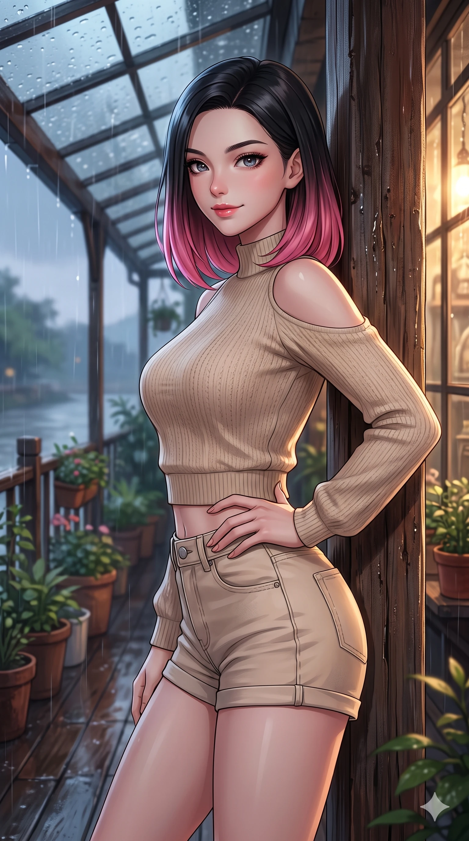 score_9, masterpiece, best quality, ultra-detailed, high-budget anime keyframe, vibrant anime aesthetic, Korean woman. close-up cowboy shot from the waist and thighs up, the character dominates the composition, filling the frame with her large presence, background elements kept in soft focus. She is posing with a confident, magnetic smile, one hand on her waist, looking over her shoulder at the camera leaning against a rustic wooden column. the background shows a soft-focus scenic river bank deck decorated with potted plants, under an elegant glass canopy in the rain (Code-P22-105). She has an absolutely perfect proportion, an exceptionally elegant and slender female figure with an ultra-slim waist. V-shaped jawline, high-bridge nose, intricate jewel-like eyes with depth, thick eyelashes, glossy lips with a natural sheen. wearing a cold-shoulder knit top with a cropped waistline and denim shorts in soft beige. She is illuminated by dramatic rim lights from a vintage shop window, adding depth to her jewel-like eyes during the twilight rain. 2k, ultra detail, master piece, 9:16 ratio