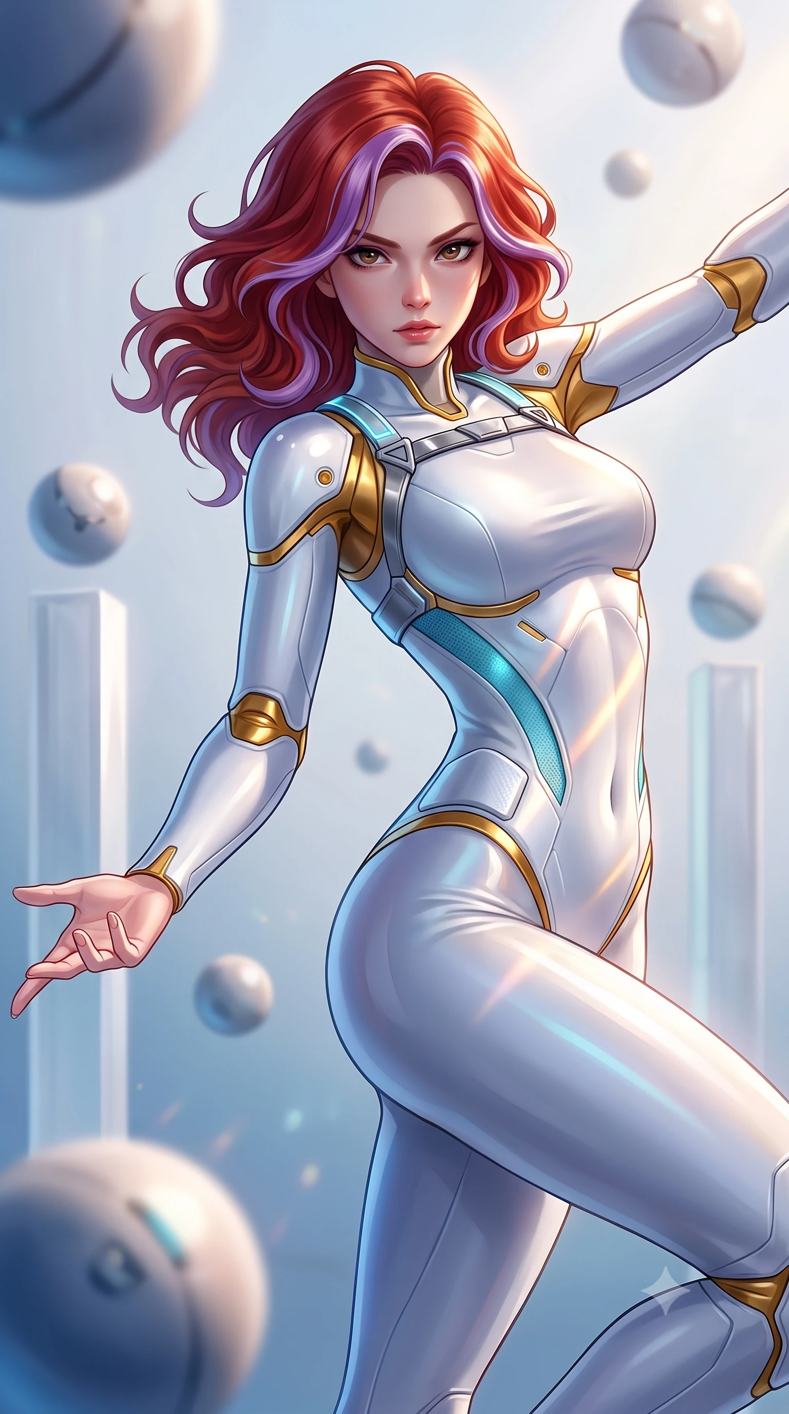 score_9, masterpiece, best quality, ultra-detailed, high-budget anime keyframe, semi-realistic 3D game render, editorial fashion photography, tasteful artistic composition, Caucasian woman. close-up cowboy shot from the waist and thighs up, the character dominates the composition, filling the frame with her large presence. in a razor-sharp Panzer Kunst fighting guard, one hand extended with palm open in fluid kinetic tension, captivating jewel-like eyes locked onto the viewer with dangerous focus while arching her back gracefully in zero-gravity with arms outstretched in fluid kinetic tension as solar rays trace her torso. The composition keeps background elements in soft focus with creamy bokeh. minimalist quartz dojo pillars and floating zero-G training spheres softened in smooth atmospheric depth of field. She has an exceptionally elegant, slender, and willowy female figure with an ultra-slim waist, a gracefully sculpted slender torso, toned flat midriff, and a refined slim silhouette. sharp v-shaped jawline, high-bridge nose, intricate jewel-like eyes with depth, thick eyelashes, glossy lips with a natural sheen, flawlessly proportioned anatomical accuracy, strict slender model proportions, natural body alignment, perfectly sculpted long slender limbs, ultra-slim waistline, clean dynamic posture without body distortion. wearing a form-contouring arctic white carbon-composite martial arts leotard with solar gold articulation joints and diagonal midriff vents in glacial ice-cyan carbon mesh with pure white armor plates, crafted from ultra-strong woven carbon-fiber composite with a satin luster, reinforced by a sleek titanium kinetic harness and glowing micro-energy straps, the glove-like aerodynamic second-skin fit tightly clinging to her ultra-slender waist and athletic curves without adding bulk, accentuating her razor-sharp statuesque lines and slim hourglass silhouette. bathed in dazzling natural orbital sunlight and rich blue planetary ambient bounce light. rich saturated anime colors with glowing neon highlights, detailed shading with soft gradients, rich glossy textures, high-contrast stereoscopic depth, volumetric dynamic lighting, master piece, 9:16 ratio