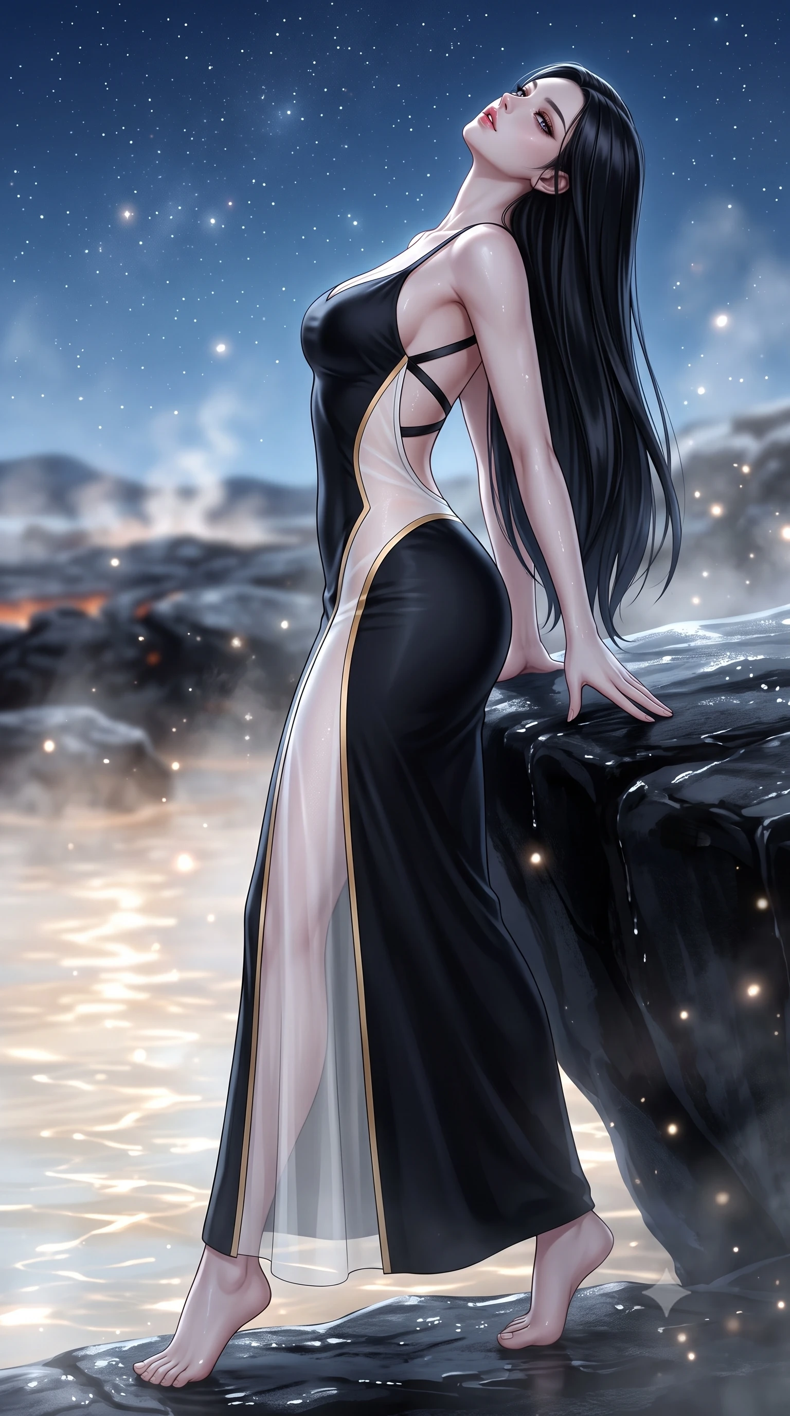 score_9, masterpiece, best quality, ultra-detailed, high-budget anime keyframe, semi-realistic 3D game render, editorial fashion photography, tasteful artistic composition, Korean woman. low angle full-body shot from head to toe showing her feet, filling the entire 9:16 vertical frame with her statuesque presence, stretching her vertical silhouette. striding forward in a proud supermodel runway stride, hips swaying in an alluring kinetic rhythm that accentuates her curvy hourglass silhouette while leaning back against a smooth black lava rock ledge, head tilted back toward the starry Arctic sky as warm water caresses her slender curves. The composition keeps background elements in soft focus with creamy bokeh. shimmering silica water caustics and drifting steam particles scattering ethereal glowing light motes. She has an exceptionally tall and slender model-like 8.5-heads proportion, an ultra-slim waist, a flat toned midriff, narrow delicate ribcage, and beautifully sculpted feminine hips creating a graceful, slim hourglass silhouette without any bulky heaviness, with impossibly long slender legs. sharp v-shaped jawline, high-bridge nose, intricate jewel-like eyes with depth, thick eyelashes, glossy parted lips with a natural sheen, intensely captivating and seductive bedroom-eyes expression, flawlessly proportioned anatomical accuracy, strict slender model proportions, natural body alignment, perfectly sculpted long slender limbs, ultra-slim waistline, clean dynamic posture without body distortion. wearing a second-skin black silk jersey maxi dress with asymmetrical sheer mesh side panels tracing the full curve of her hip in pure alabaster white and sun-kissed gold, made of fluid silk crepe with delicate inner corsetry boning, finished with criss-cross back satin straps highlighting her graceful shoulder blades, the dramatically scooped open back descending to the base of her spine, accentuating her razor-sharp statuesque lines and slim hourglass silhouette. surrounded by an otherworldly, serene, and deeply sensual Arctic geothermal nymph aura. highly saturated vibrant anime colors, detailed shading with soft gradients, rich glossy textures, high-contrast stereoscopic depth, volumetric dynamic lighting, master piece, 9:16 ratio