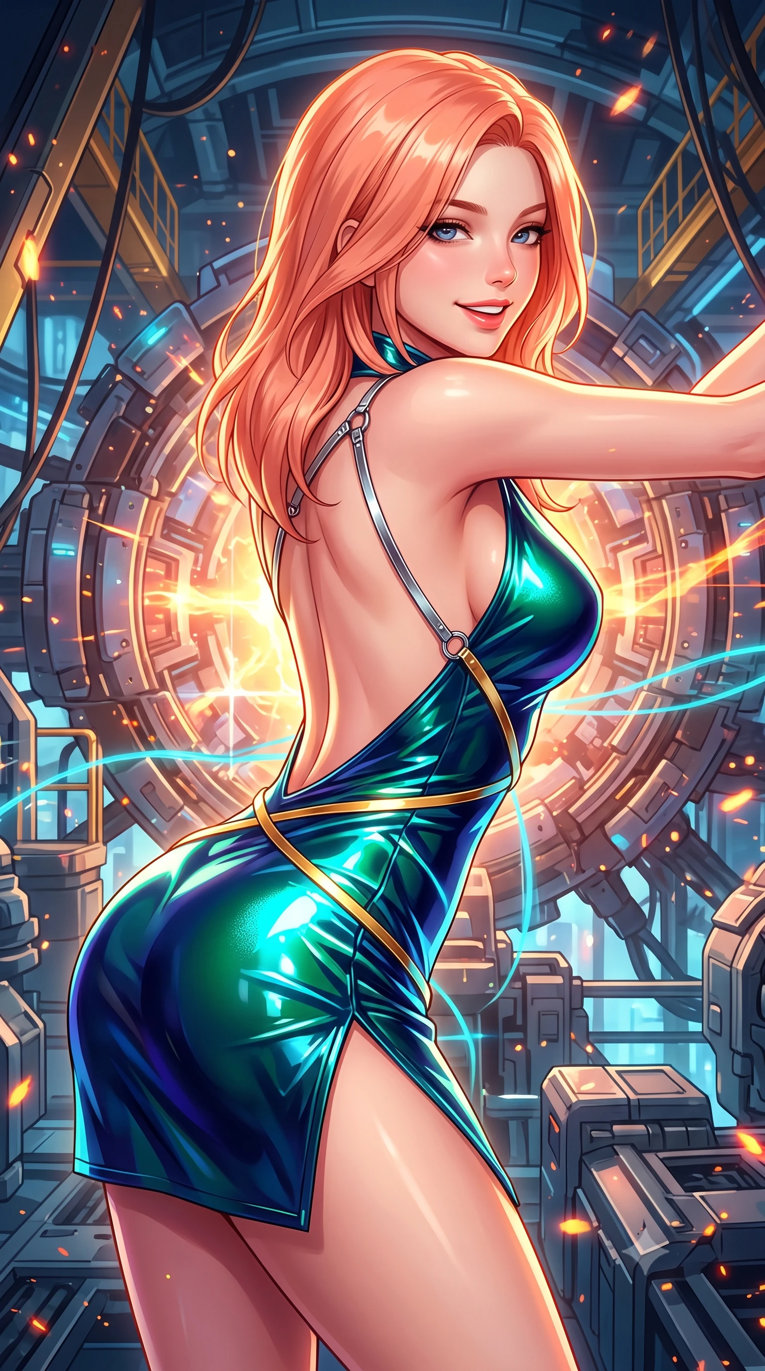 score_9, masterpiece, best quality, ultra-detailed, high-budget anime keyframe, semi-realistic 3D game render, editorial fashion photography, tasteful artistic composition, Japanese woman. close-up cowboy shot from the waist and thighs up, the character dominates the composition, filling the frame with her large presence. leaning forward while arching her lower back to accentuate her curvy hips, looking into the camera with an intoxicating smoldering gaze and bedroom-eyes while twisting her slender torso in an alluring S-curve, golden plasma ribbons and cyan laser containment fields criss-crossing across her flat midriff and hourglass curves. The surrounding environment is rendered in vivid detail and crisp panoramic clarity: detailed anime styling, glossy highlights, and monumental fusion energy craft in high resolution. She has an exceptionally elegant, slender, and willowy female figure with an ultra-slim waist, flat toned midriff, narrow ribcage, and sculpted feminine hips creating an alluring, slim hourglass silhouette without bulk. sharp v-shaped jawline, high-bridge nose, intricate jewel-like sparkling eyes with depth, thick eyelashes, glossy parted lips with a natural peach sheen, bright cheerful beaming smile with an enchanting and coquettish sensual glint, exuding both youthful cute charm and seductive allure, flawlessly proportioned anatomical accuracy, strict slender model proportions, natural body alignment, perfectly sculpted long slender limbs, ultra-slim waistline, clean dynamic posture without body distortion. wearing an alluring backless metallic lamé combat halter mini dress with deep open back down to her lower spine and thigh-high slit in bioluminescent emerald and abyssal sapphire, tailored from high-gloss patent leather with mirror-like specular highlights, accented with a chrome-drop body harness subtly framing her dewy collarbones and spine, the second-skin tailored fabric adhering flawlessly to her sculpted flat midriff and slender torso, emphasizing her long leg lines and perfectly proportioned willowy build. illuminated by gantry reflection bounce and sharp sunburst-gold rim lights defining her jawline, narrow waist, and curvy hips. highly saturated vibrant anime colors, detailed shading with soft gradients, rich glossy textures, high-contrast stereoscopic depth, volumetric dynamic lighting, master piece, 9:16 ratio
