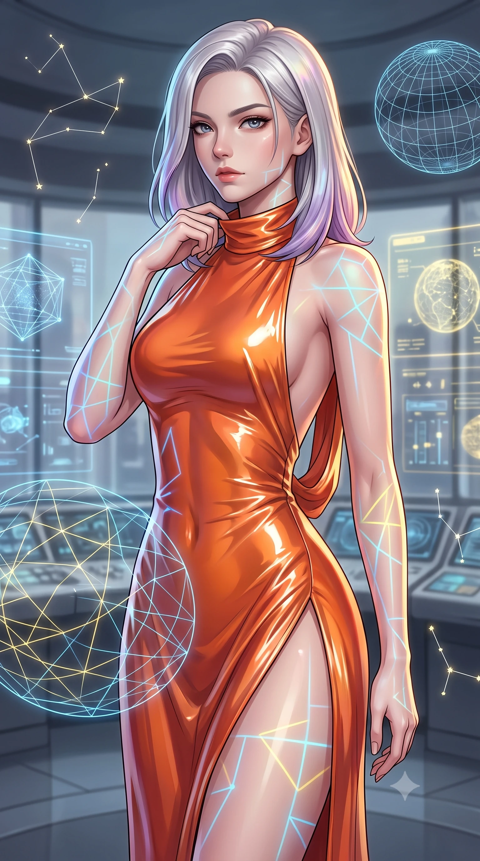 score_9, masterpiece, best quality, ultra-detailed, high-budget anime keyframe, editorial fashion photography, tasteful artistic composition, Caucasian woman. close-up cowboy shot from the waist and thighs up, the character dominates the composition, filling the frame with her large presence, background elements kept in soft focus. adjusting the high collar of her body-hugging suit, looking past the camera with quiet, sharp focus and a composed expression, the background shows a soft-focus a glass bridge laboratory console room with floating wireframe models of star structures. She has an exceptionally elegant, slender, and willowy female figure with an ultra-slim waist, a gracefully sculpted slender torso, and a refined silhouette. sharp v-shaped jawline, high-bridge nose, intricate jewel-like eyes with depth, thick eyelashes, glossy lips with a natural sheen. wearing a form-contouring high-slit space combat gown in sunset orange chiffon, featuring a daring thigh-slit and an open-back design. soft blue and yellow wireframe holograms casting geometric patterns on her. ultra-reflective glossy finish, specular highlights, metallic sheen, high-contrast stereoscopic depth, volumetric dynamic lighting, 2k, ultra detail, master piece, 9:16 ratio