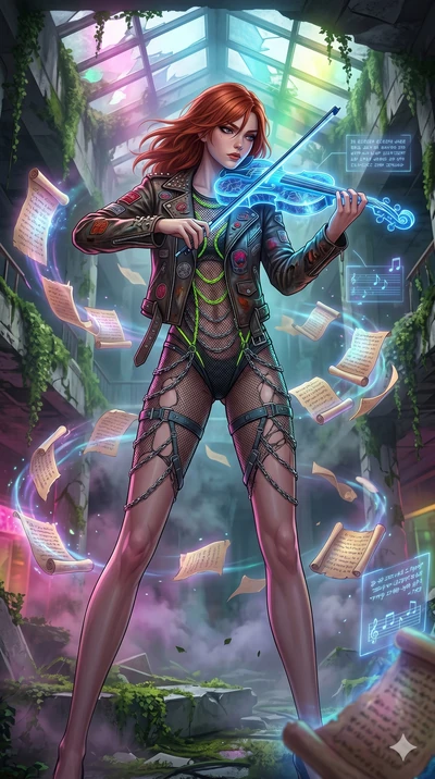 score_9, masterpiece, best quality, ultra-detailed, Set A: High-budget Anime Keyframe, Japanese woman. Low angle cowboy shot filling the entire 9:16 frame with her statuesque presence. Theme: Ethereal Dream. playing a holographic violin in a ruined o